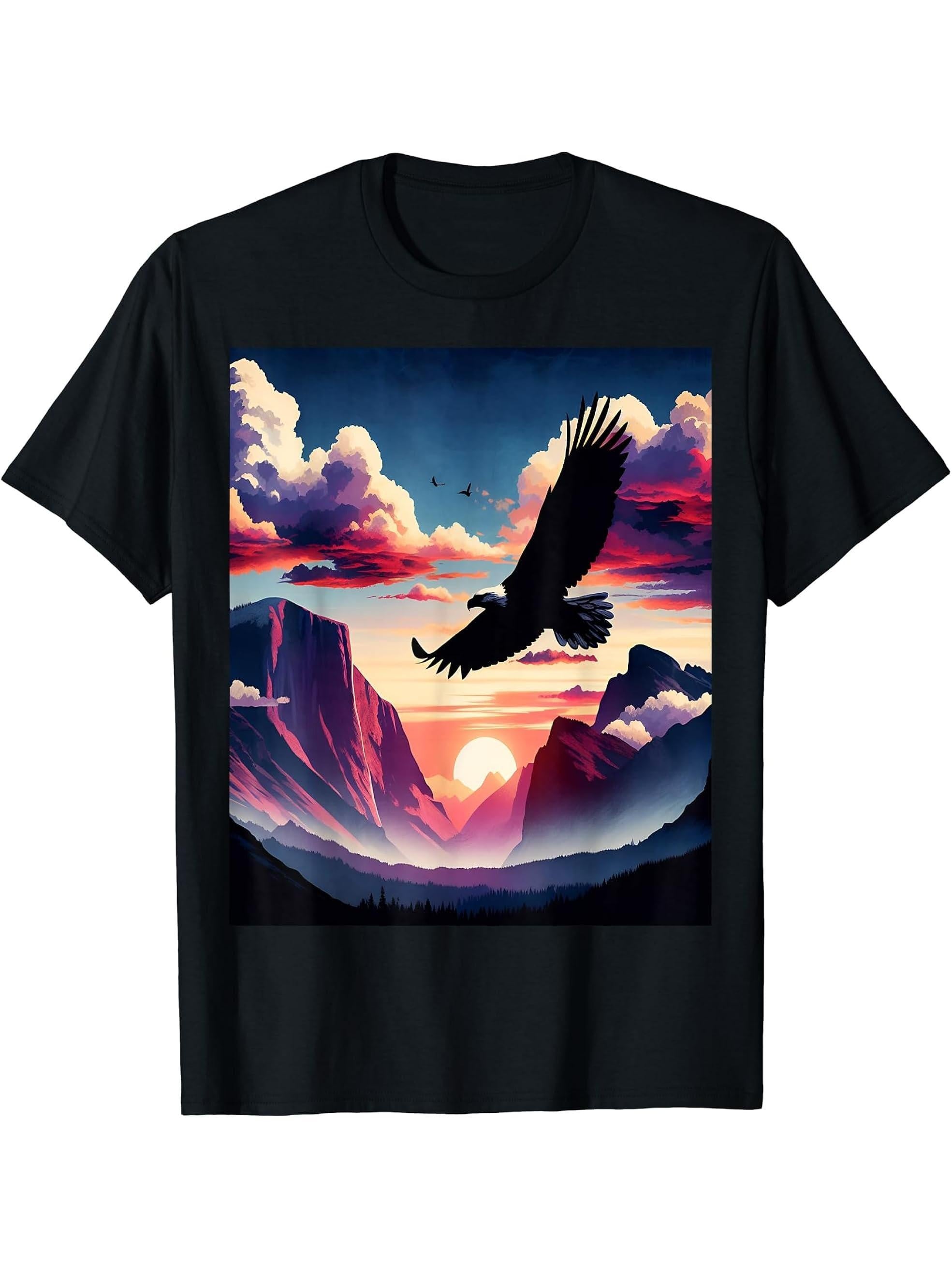 Bald Eagle Rockies Silhouette T-Shirt 180G 100% Cotton Printed Round Neck Short-Sleeve T-Shirt, Gifts for Men Dad Husband Grandpa, S-XXXL, Black