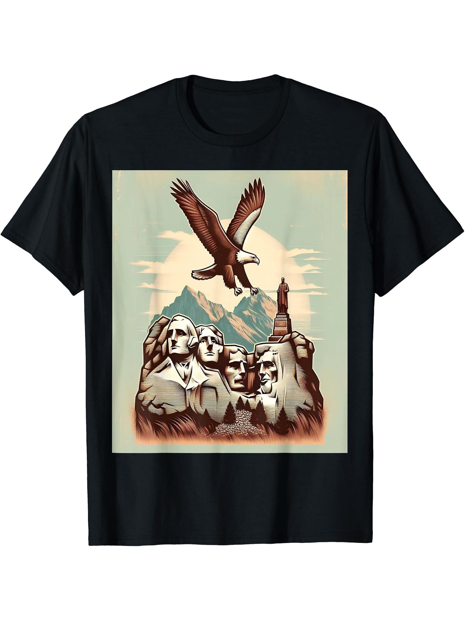 Bald Eagle Over Mount Rushmore T-Shirt 180G 100% Cotton Printed Round Neck Short-Sleeve T-Shirt, Gifts for Men Dad Husband Grandpa, S-XXXL, Black