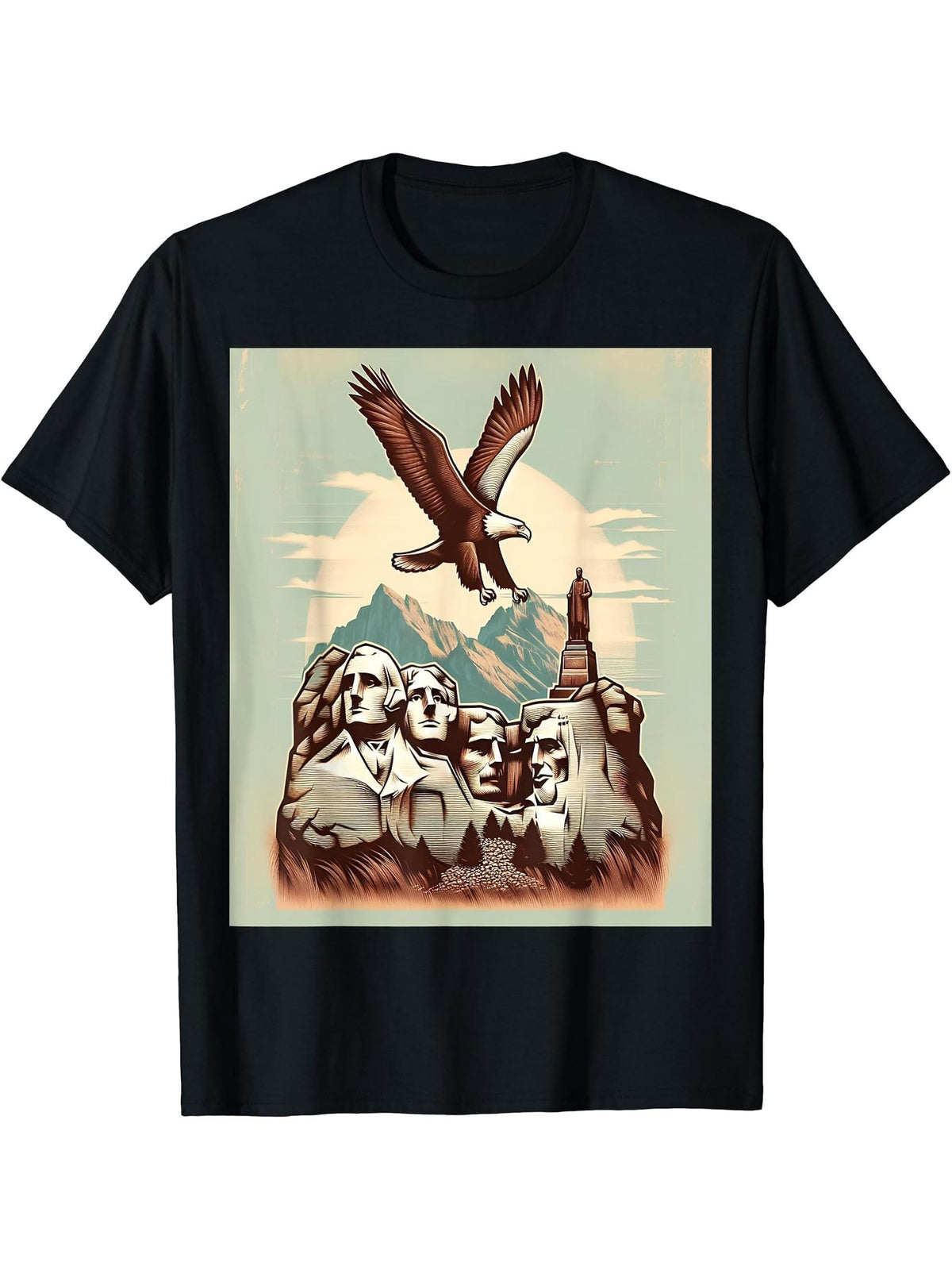 Bald Eagle Over Mount Rushmore T-Shirt 180G 100% Cotton Printed Round Neck Short-Sleeve T-Shirt, Gifts for Men Dad Husband Grandpa, S-XXXL, Black