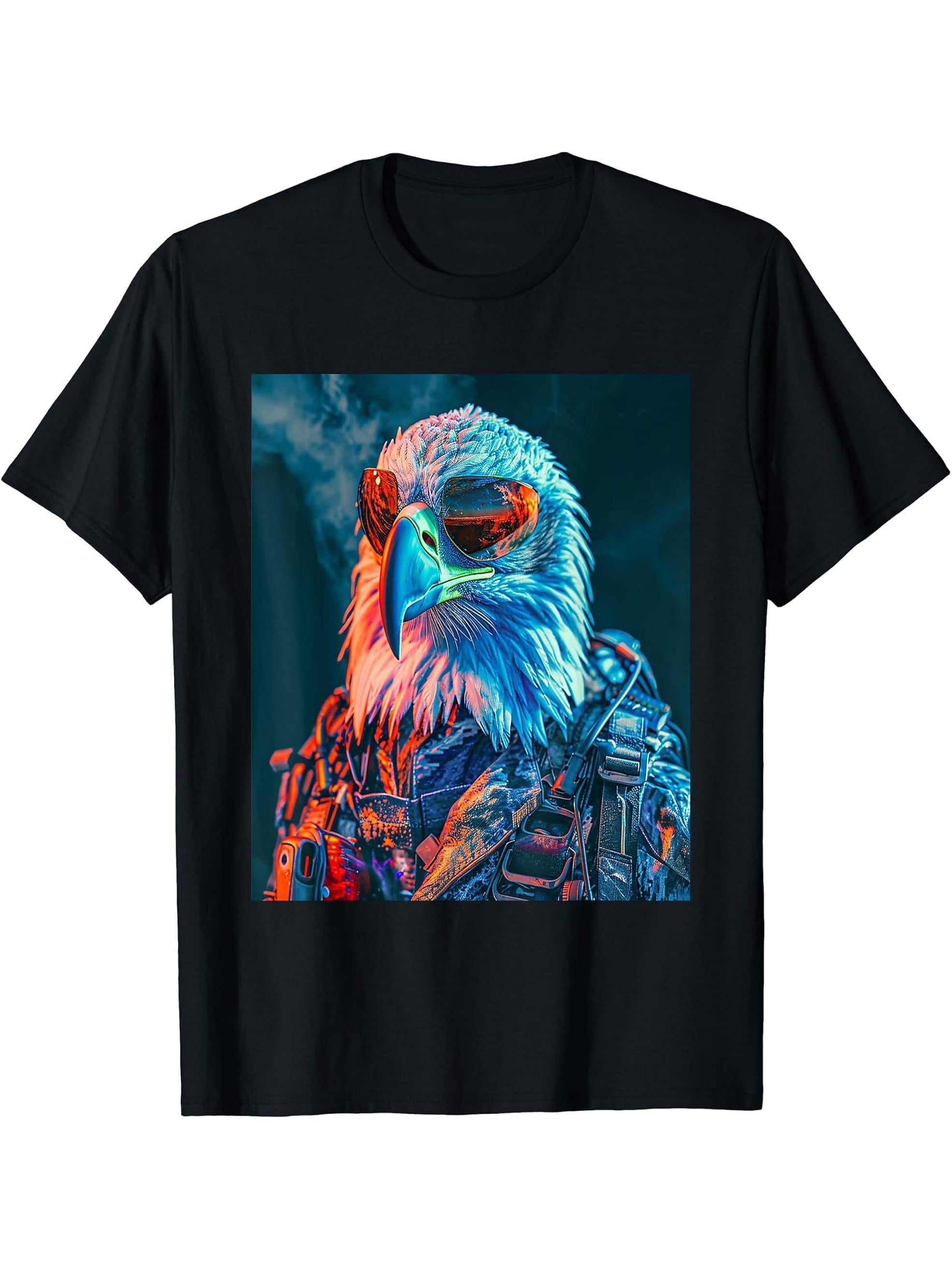 American Bald Eagle Fighter Pilot Patriotic US Military Art T-Shirt 180G 100% Cotton Printed Round Neck Short-Sleeve T-Shirt, Gifts for Men Dad Husband Grandpa, S-XXXL, Black