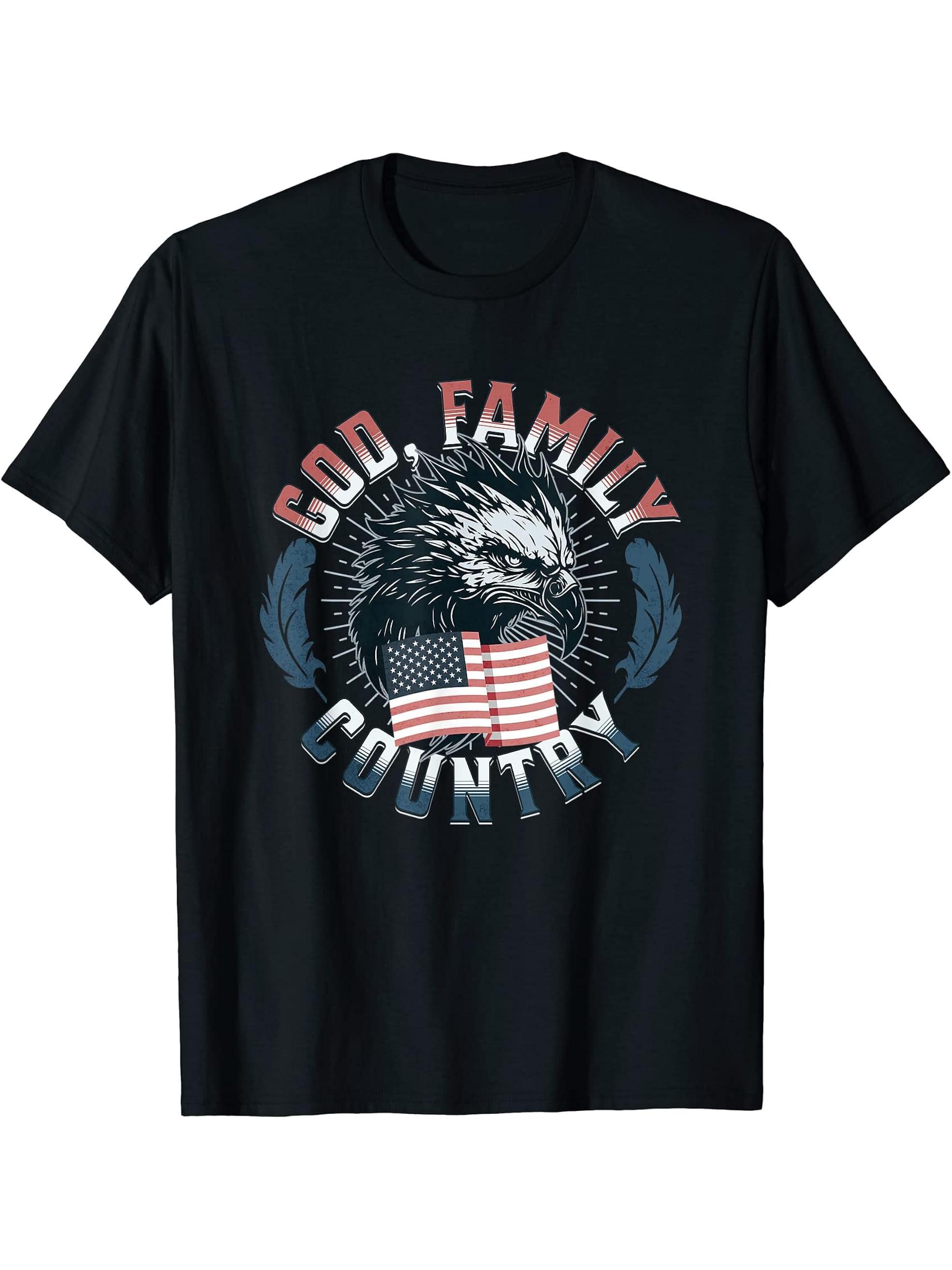 God Family Country Patriotic Saying American Flag Bald Eagle T-Shirt 180G 100% Cotton Printed Round Neck Short-Sleeve T-Shirt, Gifts for Men Dad Husband Grandpa, S-XXXL, Black