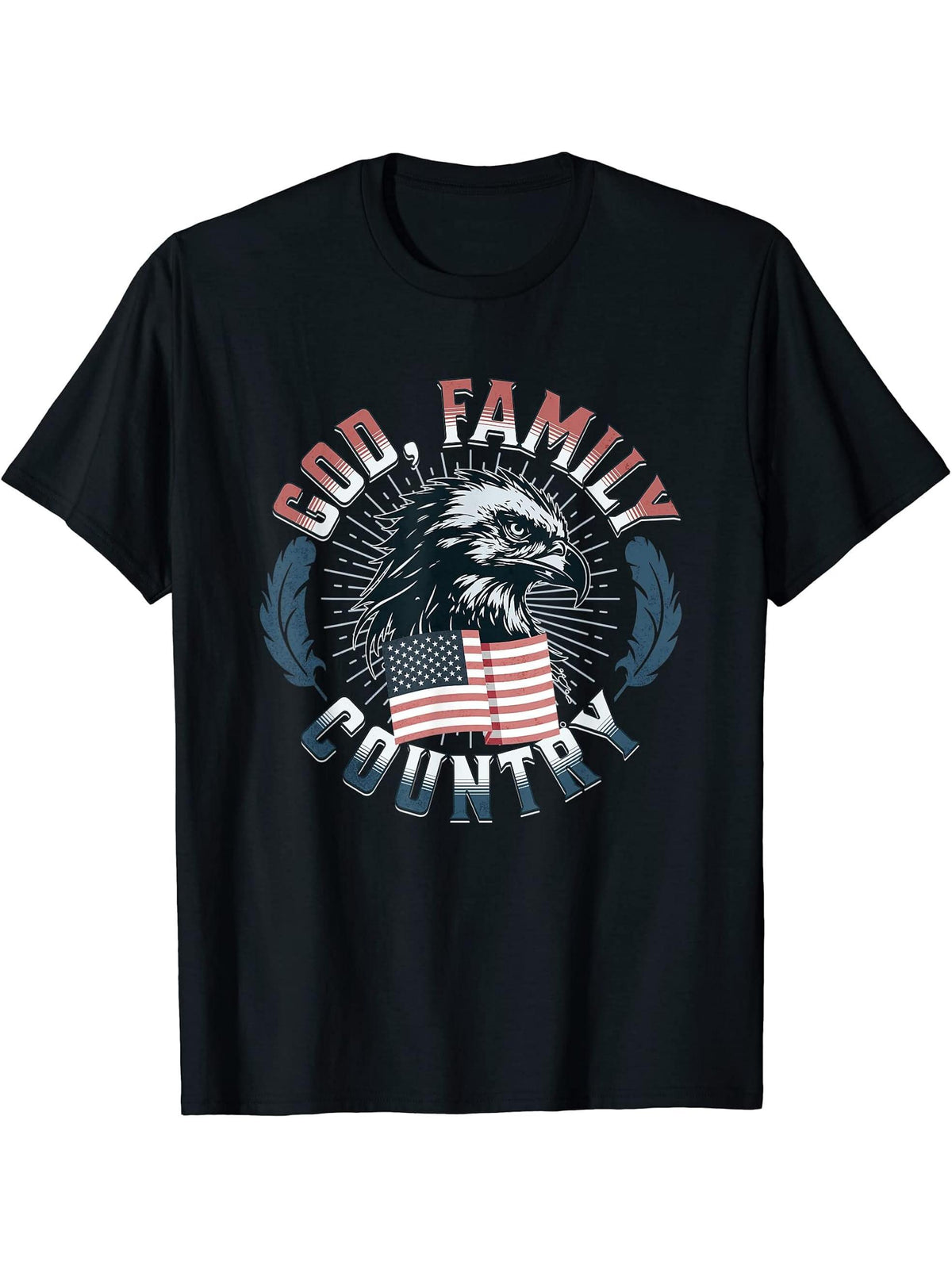 God Family Country Patriotic Saying American Flag Bald Eagle T-Shirt 180G 100% Cotton Printed Round Neck Short-Sleeve T-Shirt, Gifts for Men Dad Husband Grandpa, S-XXXL, Black