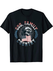 God Family Country Patriotic Saying American Flag Bald Eagle T-Shirt 180G 100% Cotton Printed Round Neck Short-Sleeve T-Shirt, Gifts for Men Dad Husband Grandpa, S-XXXL, Black