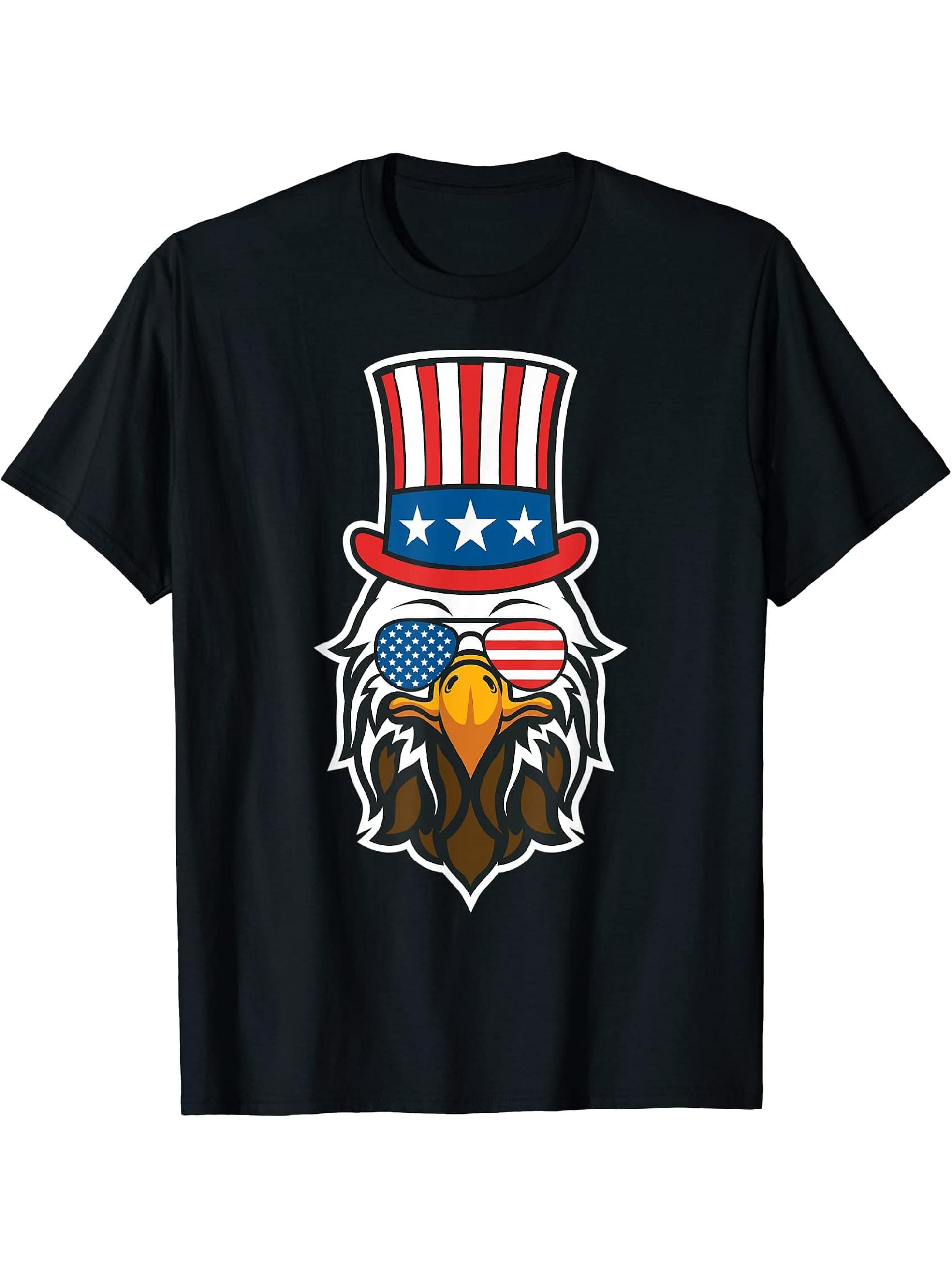 Bald Eagle Uncle Sam Hat American Flag 4th of July Patriotic T-Shirt 180G 100% Cotton Printed Round Neck Short-Sleeve T-Shirt, Gifts for Men Dad Husband Grandpa, S-XXXL, Black