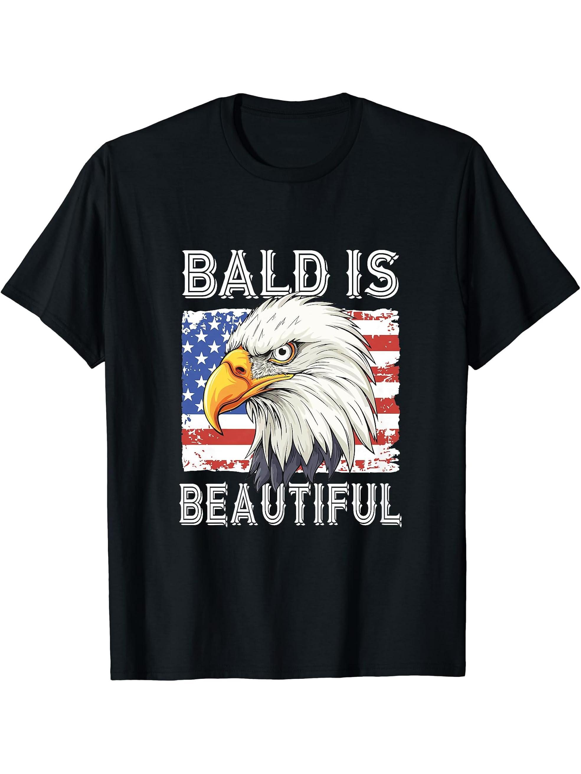 Bald Is Beautiful 4th of July Independence Day Bald Eagle T-Shirt 180G 100% Cotton Printed Round Neck Short-Sleeve T-Shirt, Gifts for Men Dad Husband Grandpa, S-XXXL, Black