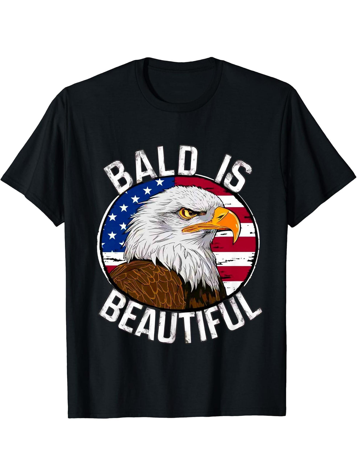 Bald Is Beautiful America 4th of July Independence Day Eagle T-Shirt 180G 100% Cotton Printed Round Neck Short-Sleeve T-Shirt, Gifts for Men Dad Husband Grandpa, S-XXXL, Black