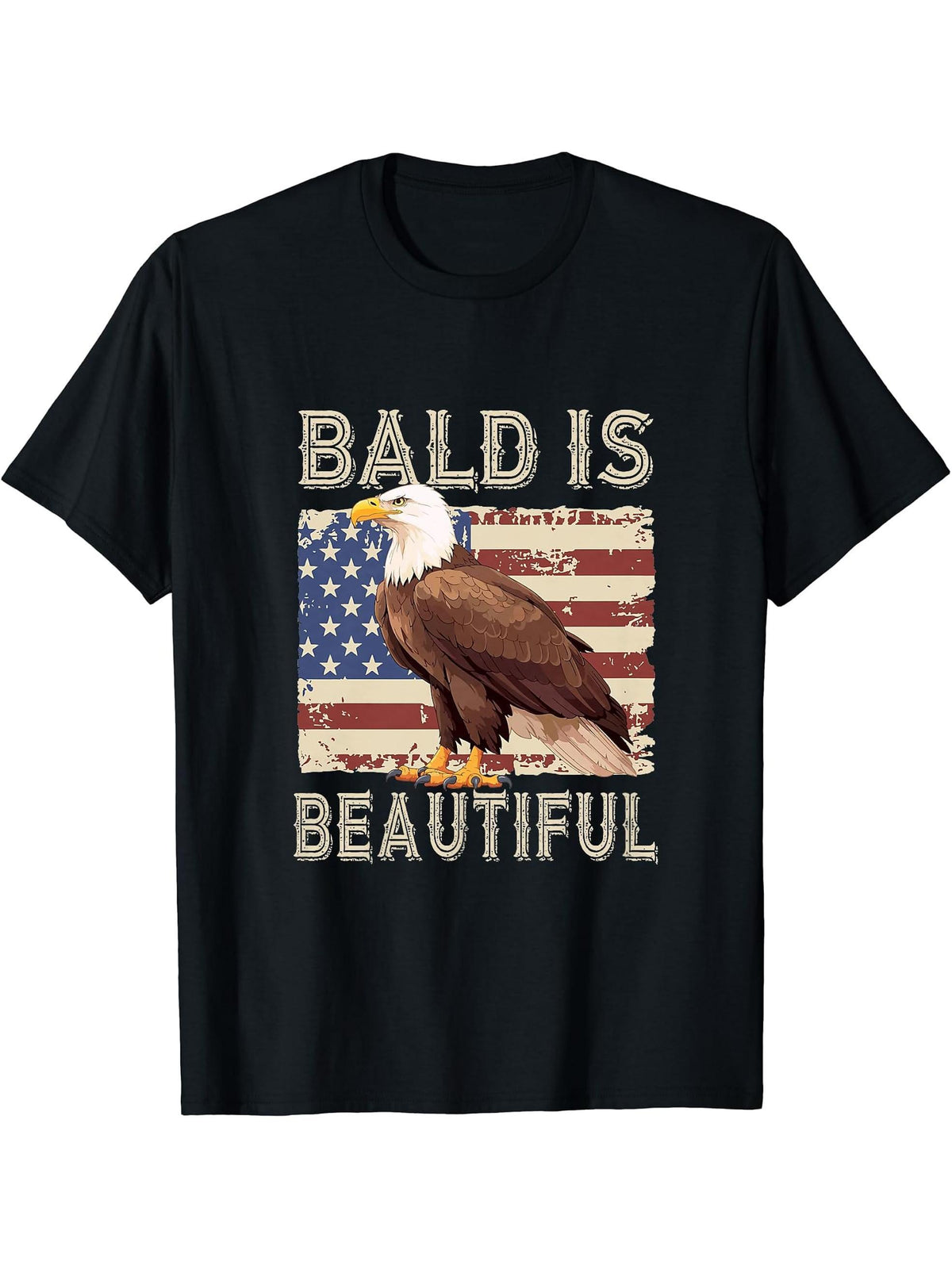 Bald Is Beautiful 4th of July Independence Day Bald Eagle T-Shirt 180G 100% Cotton Printed Round Neck Short-Sleeve T-Shirt, Gifts for Men Dad Husband Grandpa, S-XXXL, Black