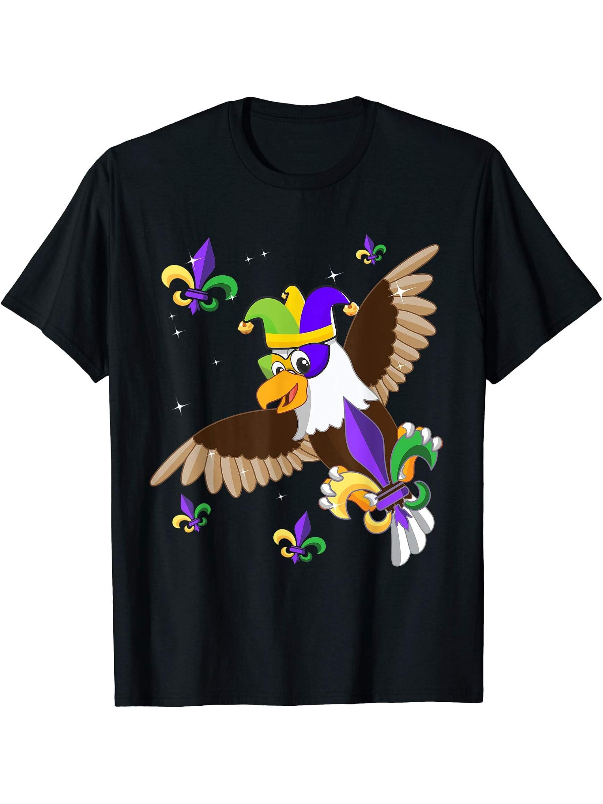 American Bald Eagle New Orleans Mardi Gras Celebration T-Shirt 180G 100% Cotton Printed Round Neck Short-Sleeve T-Shirt, Gifts for Men Dad Husband Grandpa, S-XXXL, Black