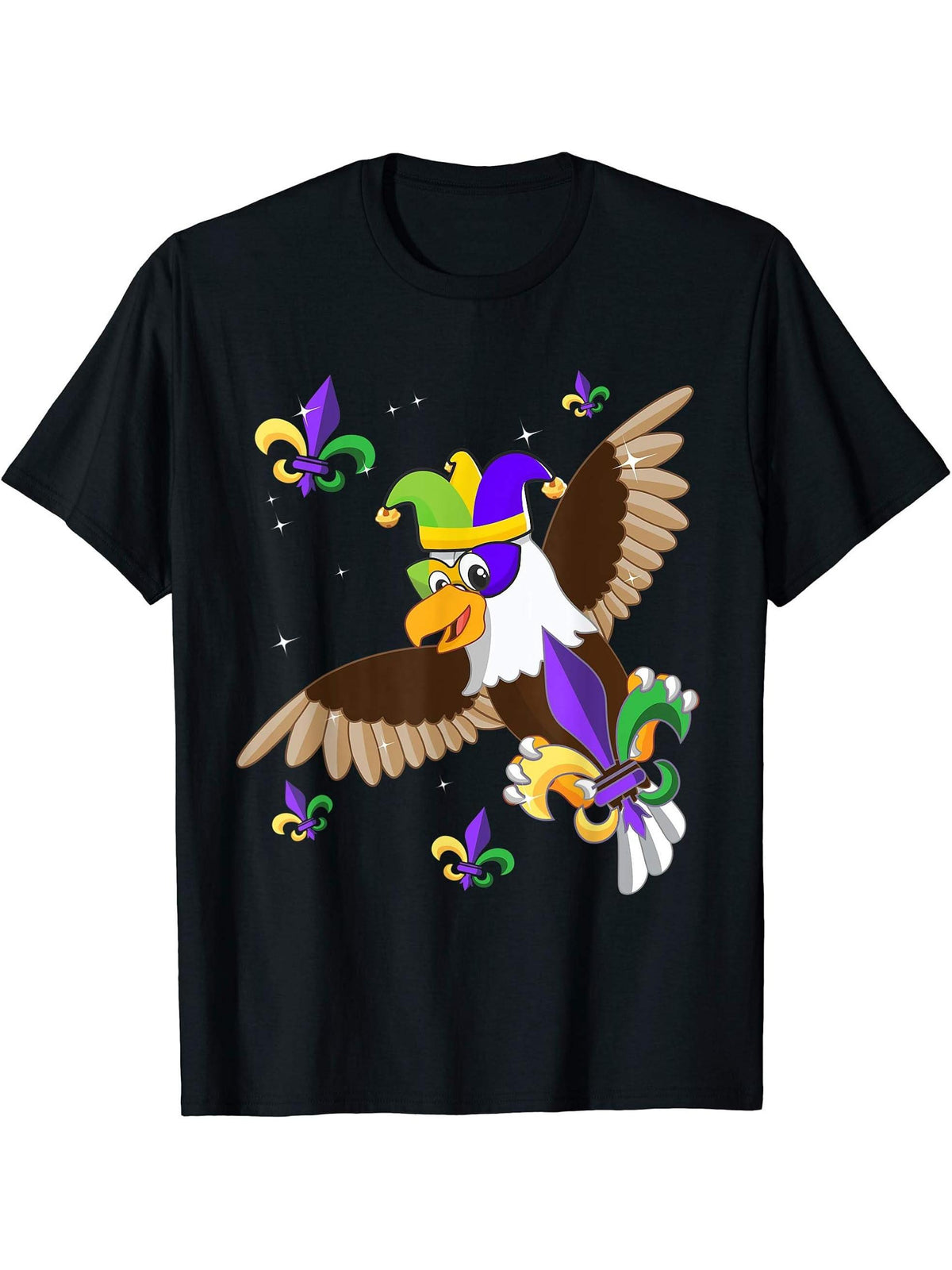 American Bald Eagle New Orleans Mardi Gras Celebration T-Shirt 180G 100% Cotton Printed Round Neck Short-Sleeve T-Shirt, Gifts for Men Dad Husband Grandpa, S-XXXL, Black