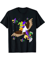 American Bald Eagle New Orleans Mardi Gras Celebration T-Shirt 180G 100% Cotton Printed Round Neck Short-Sleeve T-Shirt, Gifts for Men Dad Husband Grandpa, S-XXXL, Black