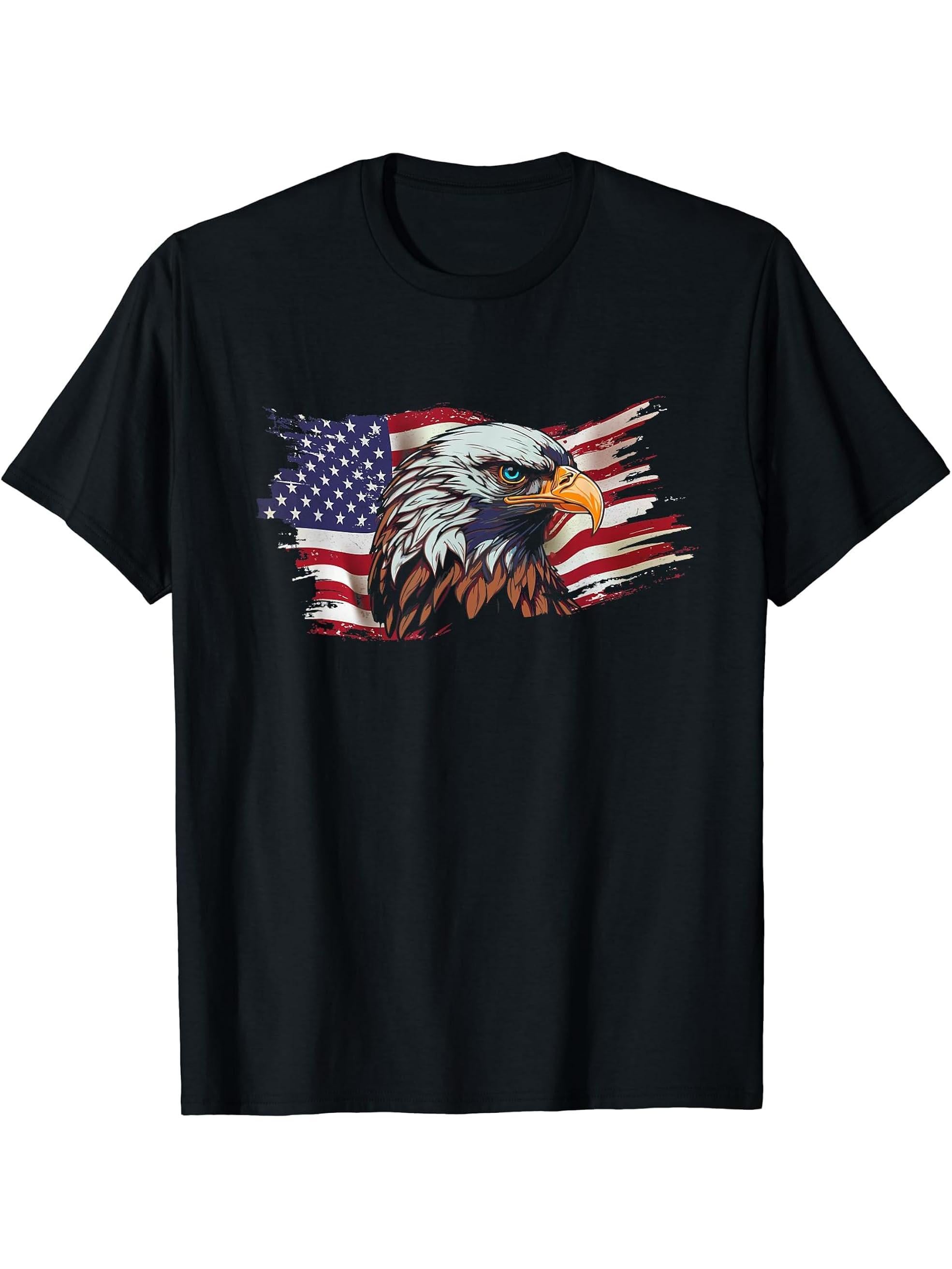 Bald-Eagle Proud Patriotic American Flag Fourth 4Th Of July T-Shirt 180G 100% Cotton Printed Round Neck Short-Sleeve T-Shirt, Gifts for Men Dad Husband Grandpa, S-XXXL, Black