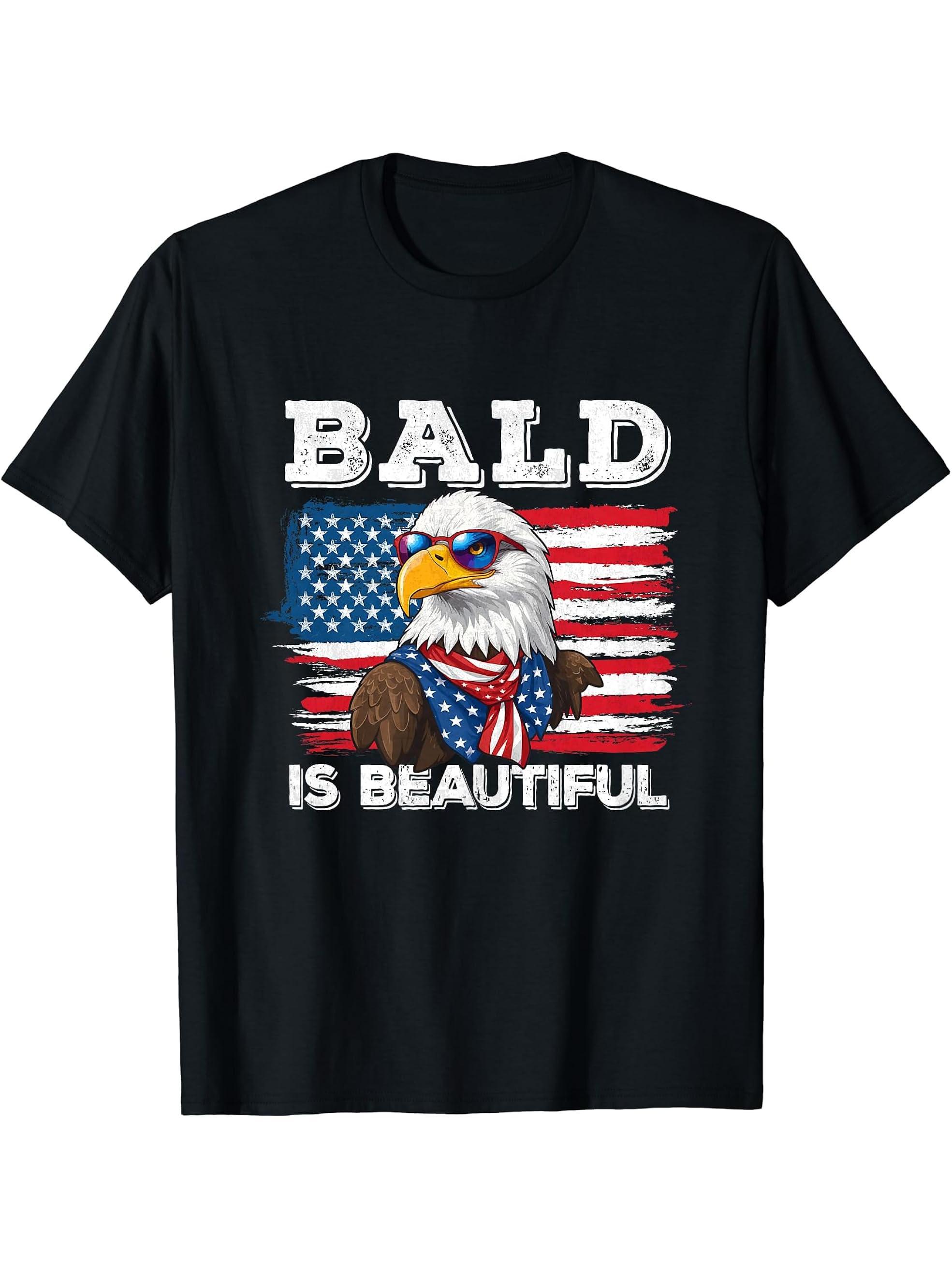 Bald Is Beautiful Eagle 4th Of July Independence Day T-Shirt 180G 100% Cotton Printed Round Neck Short-Sleeve T-Shirt, Gifts for Men Dad Husband Grandpa, S-XXXL, Black