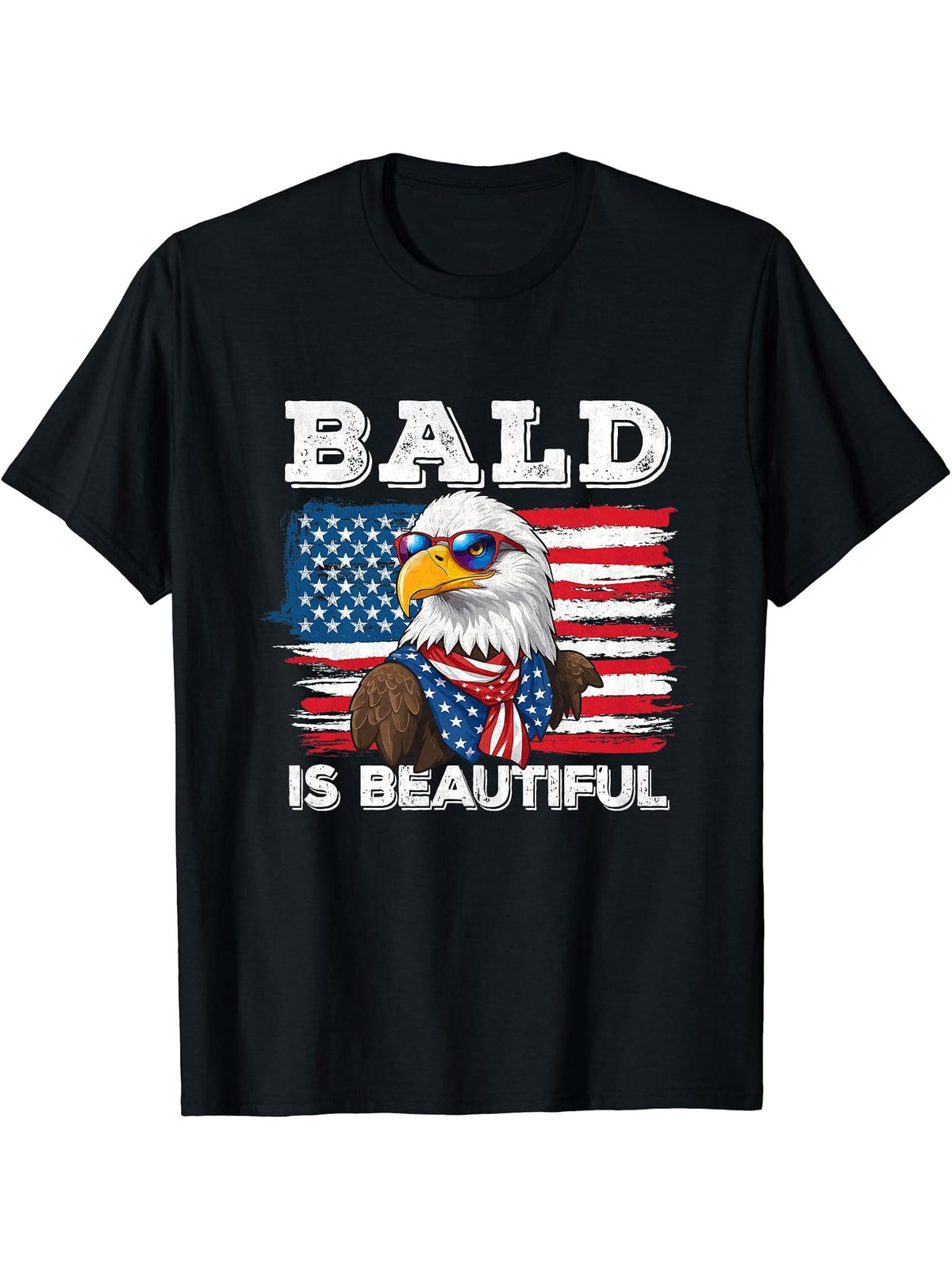 Bald Is Beautiful Eagle 4th Of July Independence Day T-Shirt 180G 100% Cotton Printed Round Neck Short-Sleeve T-Shirt, Gifts for Men Dad Husband Grandpa, S-XXXL, Black