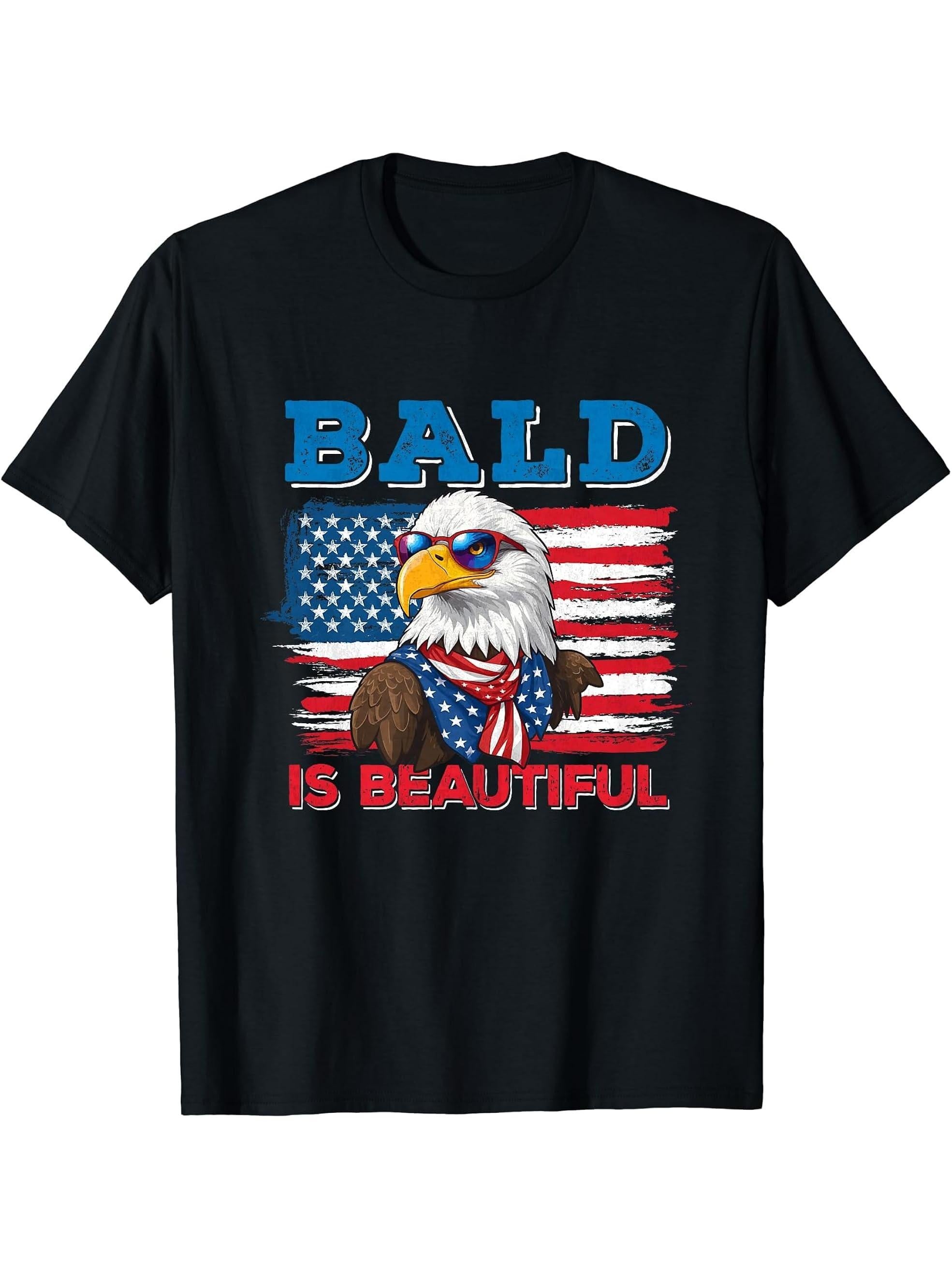 Bald Is Beautiful Eagle 4th Of July Independence Day T-Shirt 180G 100% Cotton Printed Round Neck Short-Sleeve T-Shirt, Gifts for Men Dad Husband Grandpa, S-XXXL, Black