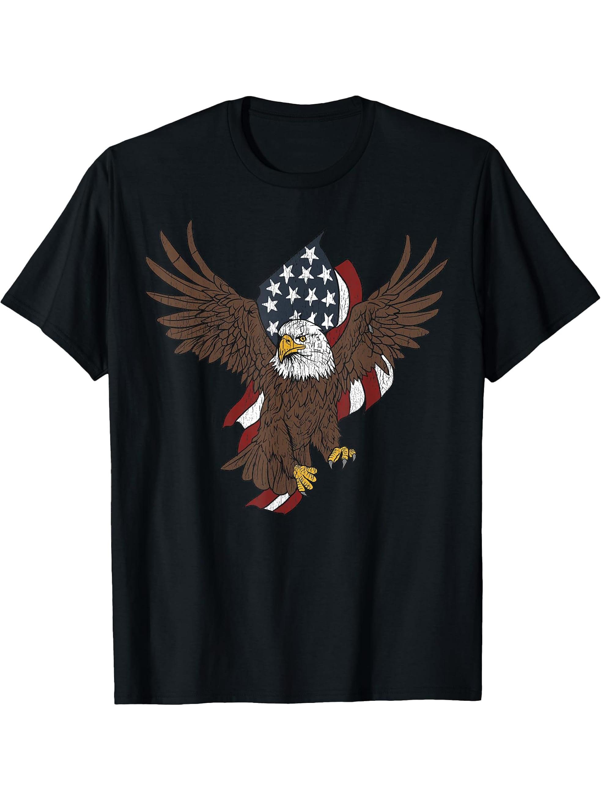Bald Eagle With U.S. Flag Patriotic Eagle Illustration T-Shirt 180G 100% Cotton Printed Round Neck Short-Sleeve T-Shirt, Gifts for Men Dad Husband Grandpa, S-XXXL, Black