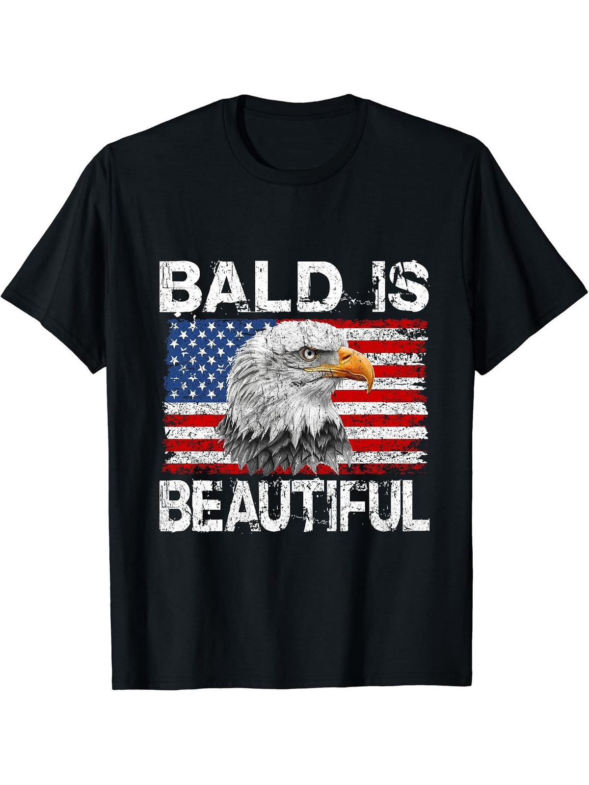 Bald Is Beautiful 4th of July Independence Day Bald Eagle T-Shirt 180G 100% Cotton Printed Round Neck Short-Sleeve T-Shirt, Gifts for Men Dad Husband Grandpa, S-XXXL, Black