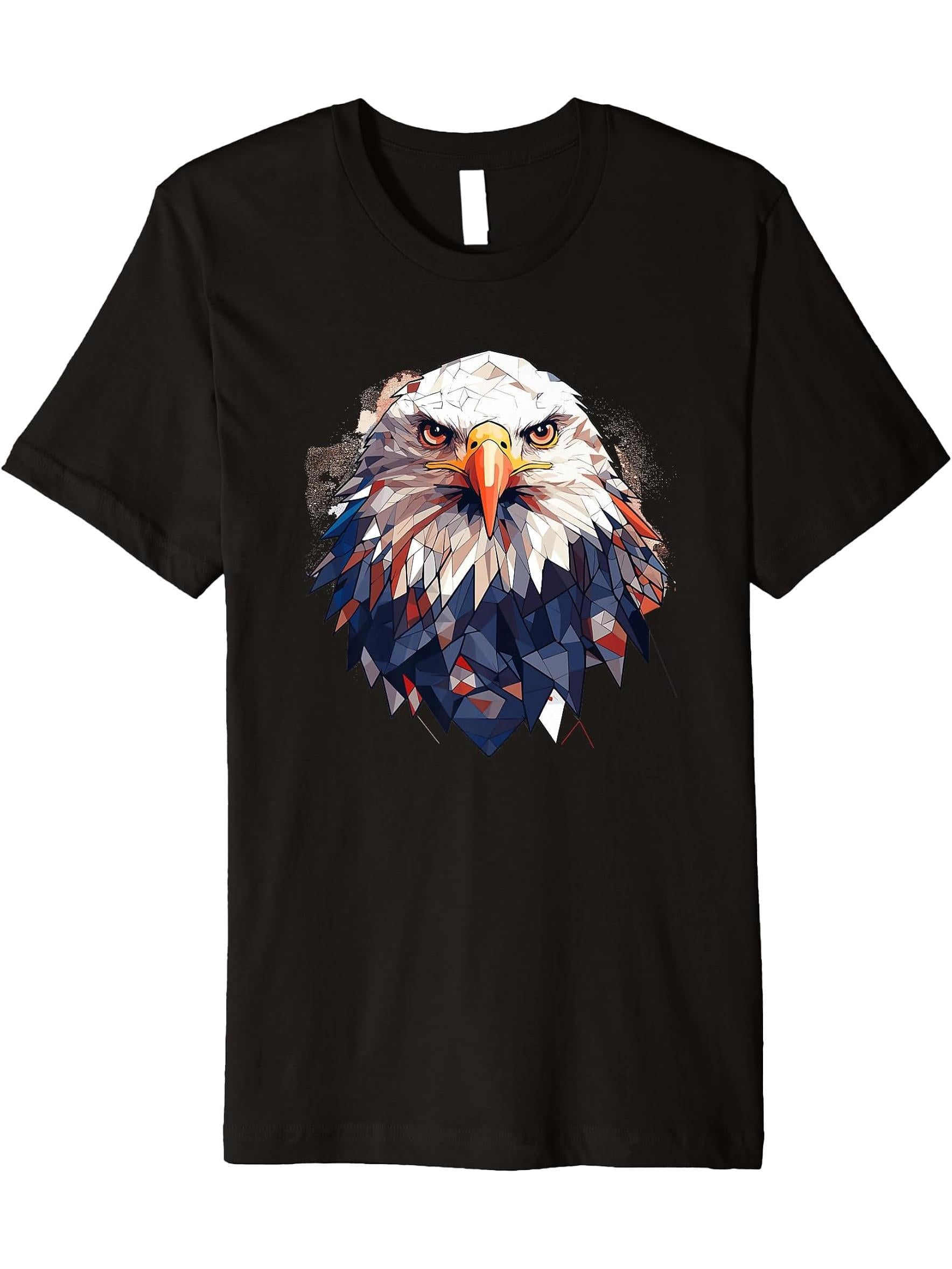 Bald Eagle Geometric Patten Art, Cute Bald Eagle Lover Premium T-Shirt 180G 100% Cotton Printed Round Neck Short-Sleeve T-Shirt, Gifts for Men Dad Husband Grandpa, S-XXXL, Black