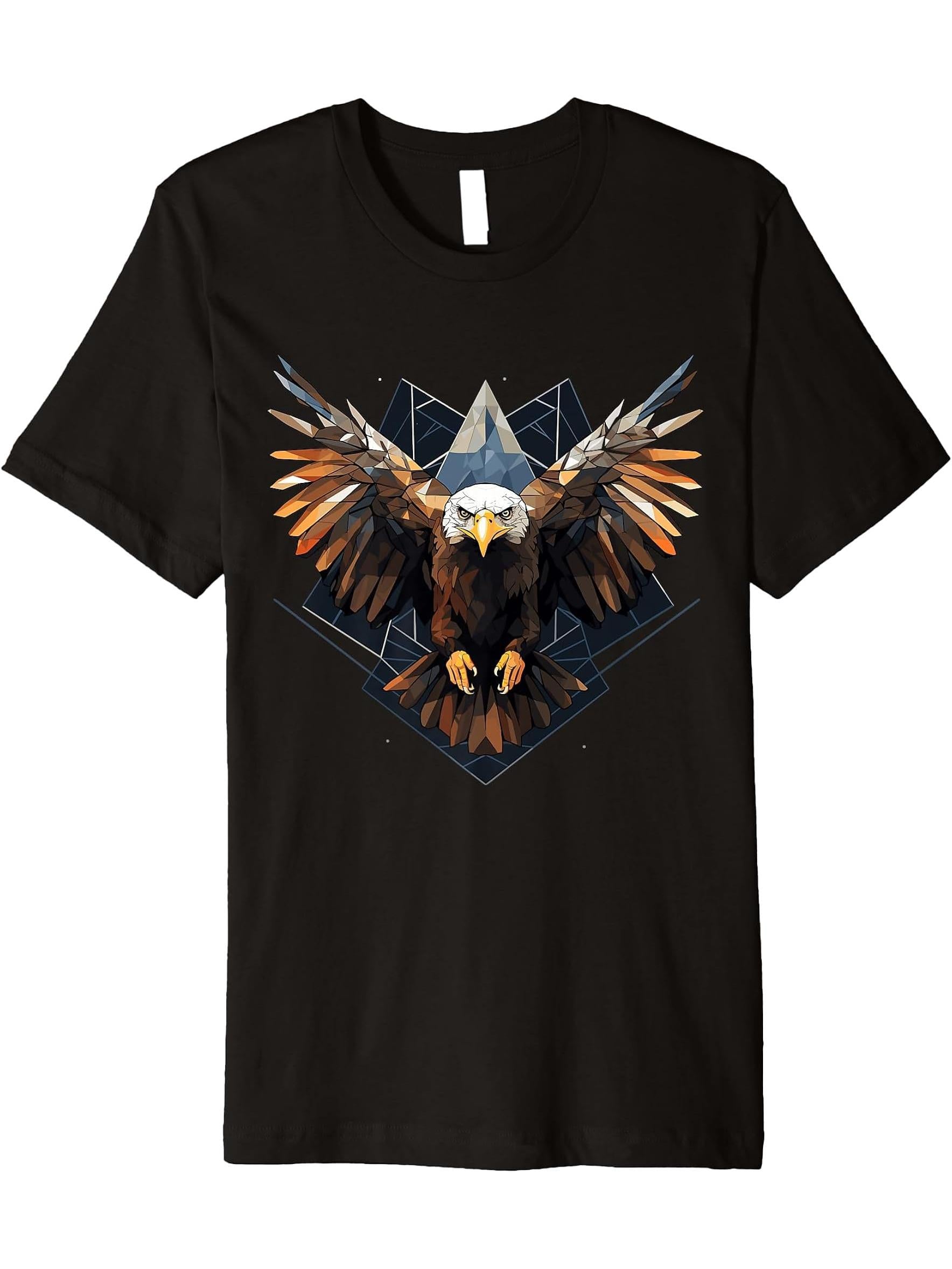 Bald Eagle Geometric Patten Art, Cute Bald Eagle Lover Premium T-Shirt 180G 100% Cotton Printed Round Neck Short-Sleeve T-Shirt, Gifts for Men Dad Husband Grandpa, S-XXXL, Black
