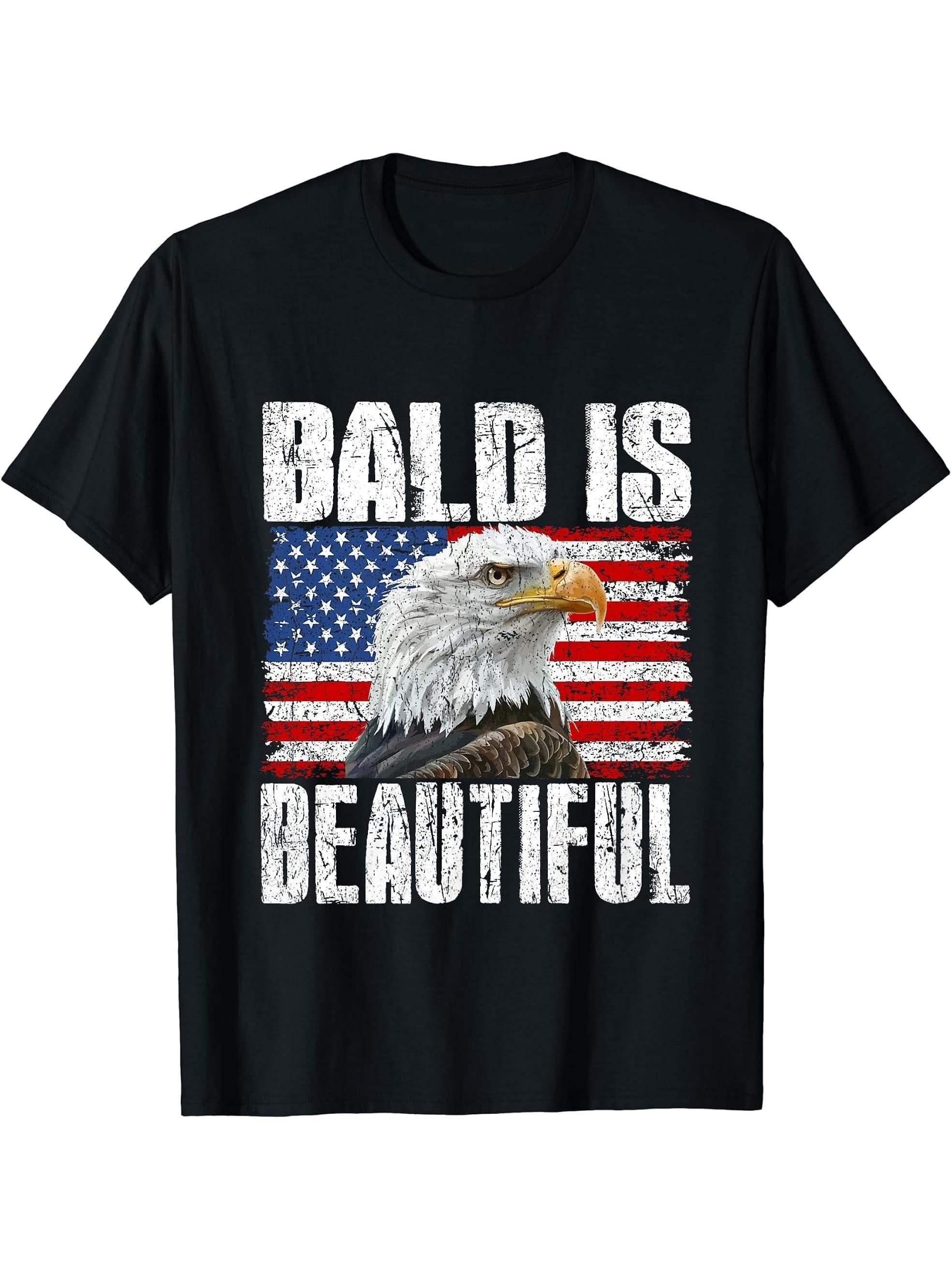 Bald Is Beautiful 4th of July Independence Day Bald Eagle T-Shirt 180G 100% Cotton Printed Round Neck Short-Sleeve T-Shirt, Gifts for Men Dad Husband Grandpa, S-XXXL, Black
