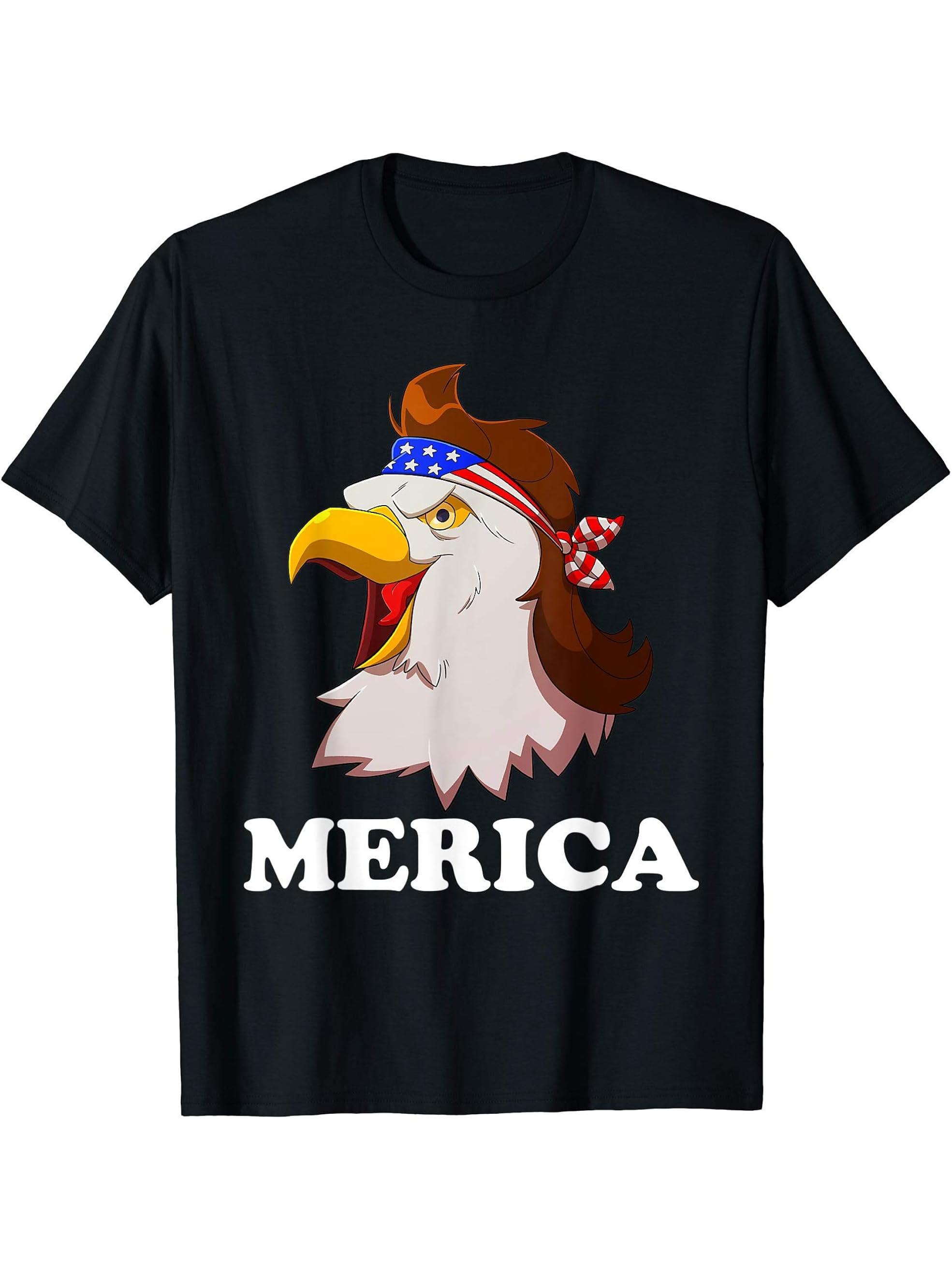Bald Eagle Mullet Men Merica 4th of July USA American Flag T-Shirt 180G 100% Cotton Printed Round Neck Short-Sleeve T-Shirt, Gifts for Men Dad Husband Grandpa, S-XXXL, Black