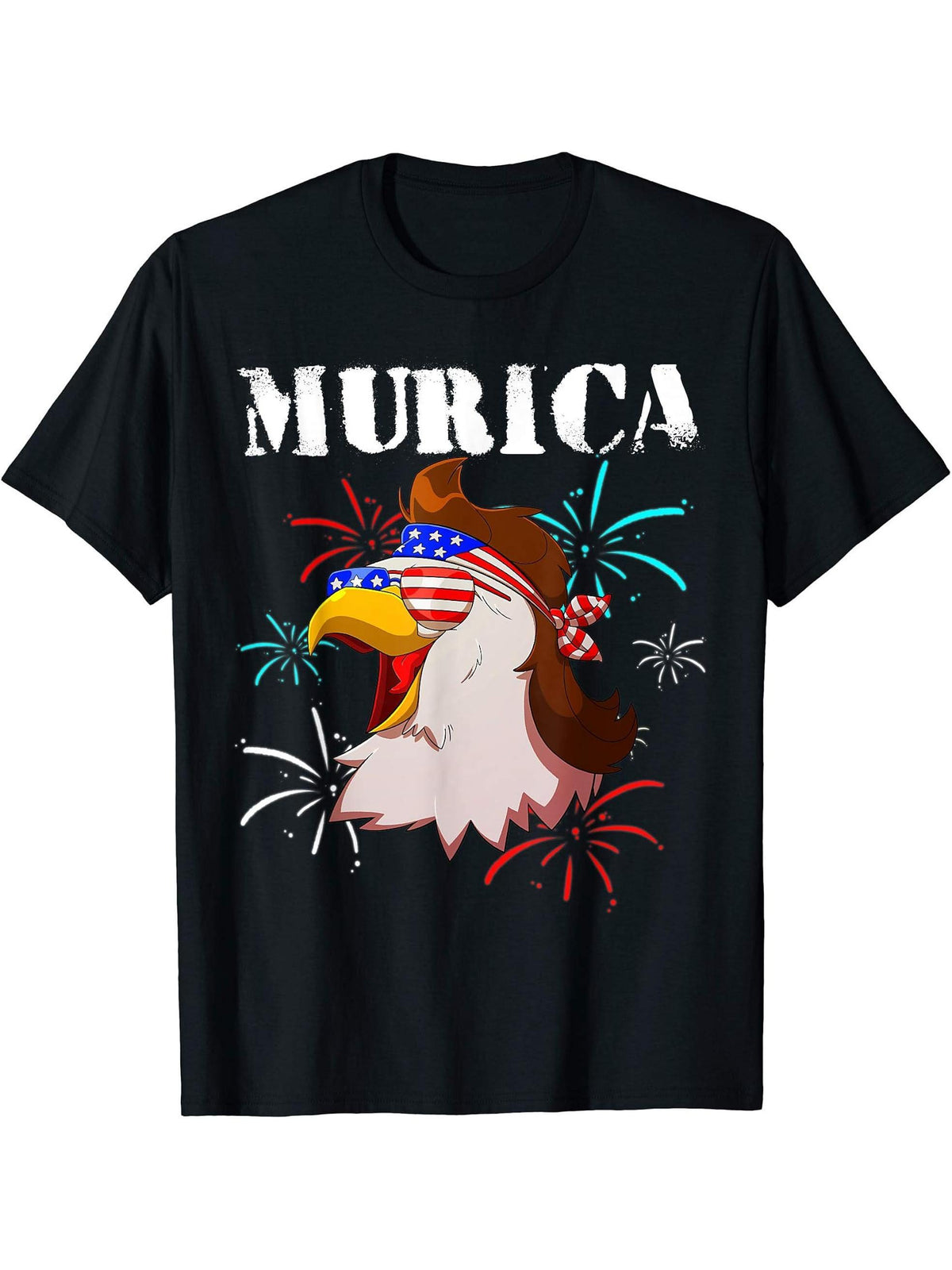 Bald Eagle Mullet Murica 4th of July American Flag USA Men T-Shirt 180G 100% Cotton Printed Round Neck Short-Sleeve T-Shirt, Gifts for Men Dad Husband Grandpa, S-XXXL, Black