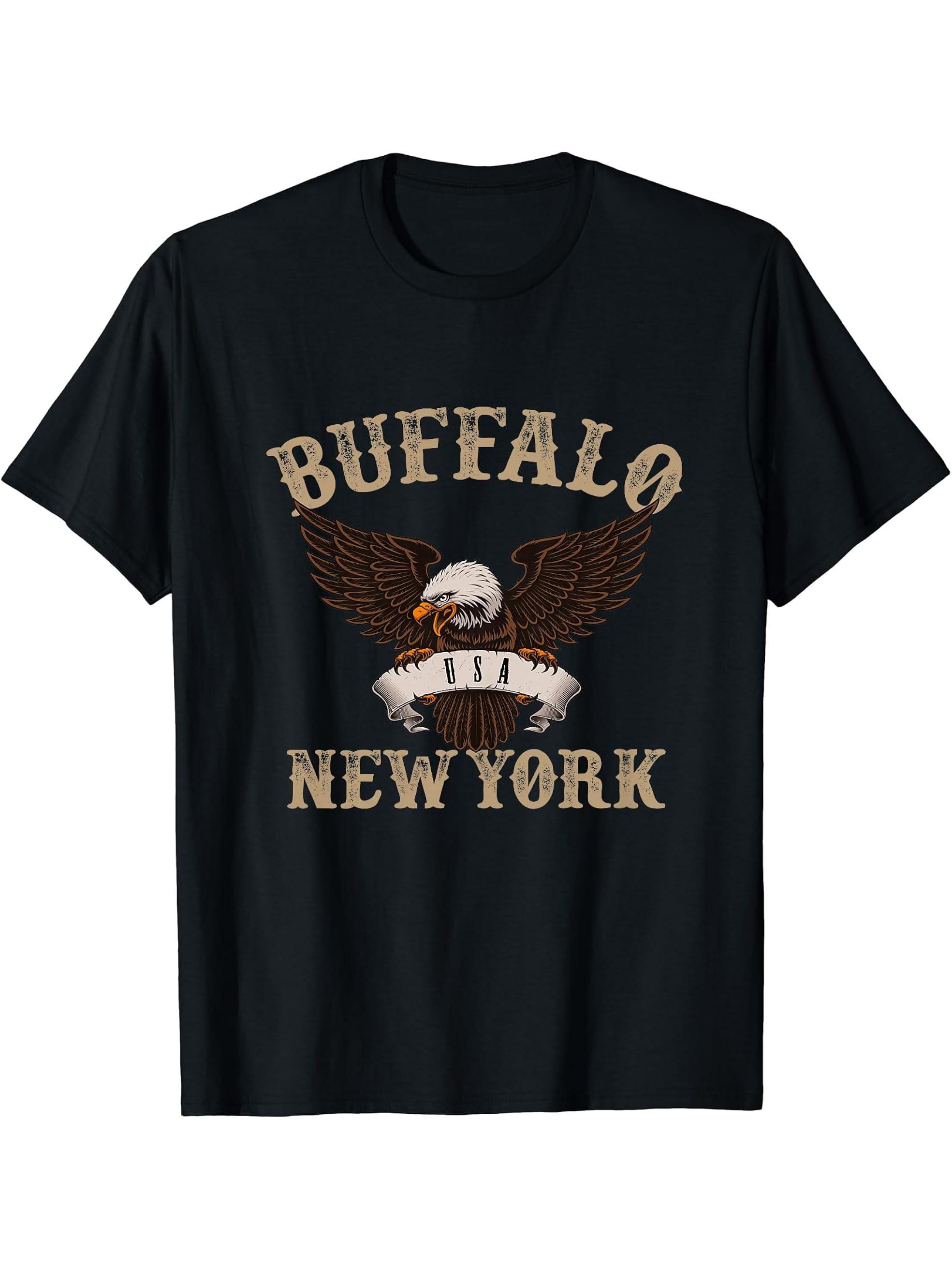 Buffalo New York USA Bald Eagle T-Shirt 180G 100% Cotton Printed Round Neck Short-Sleeve T-Shirt, Gifts for Men Dad Husband Grandpa, S-XXXL, Black