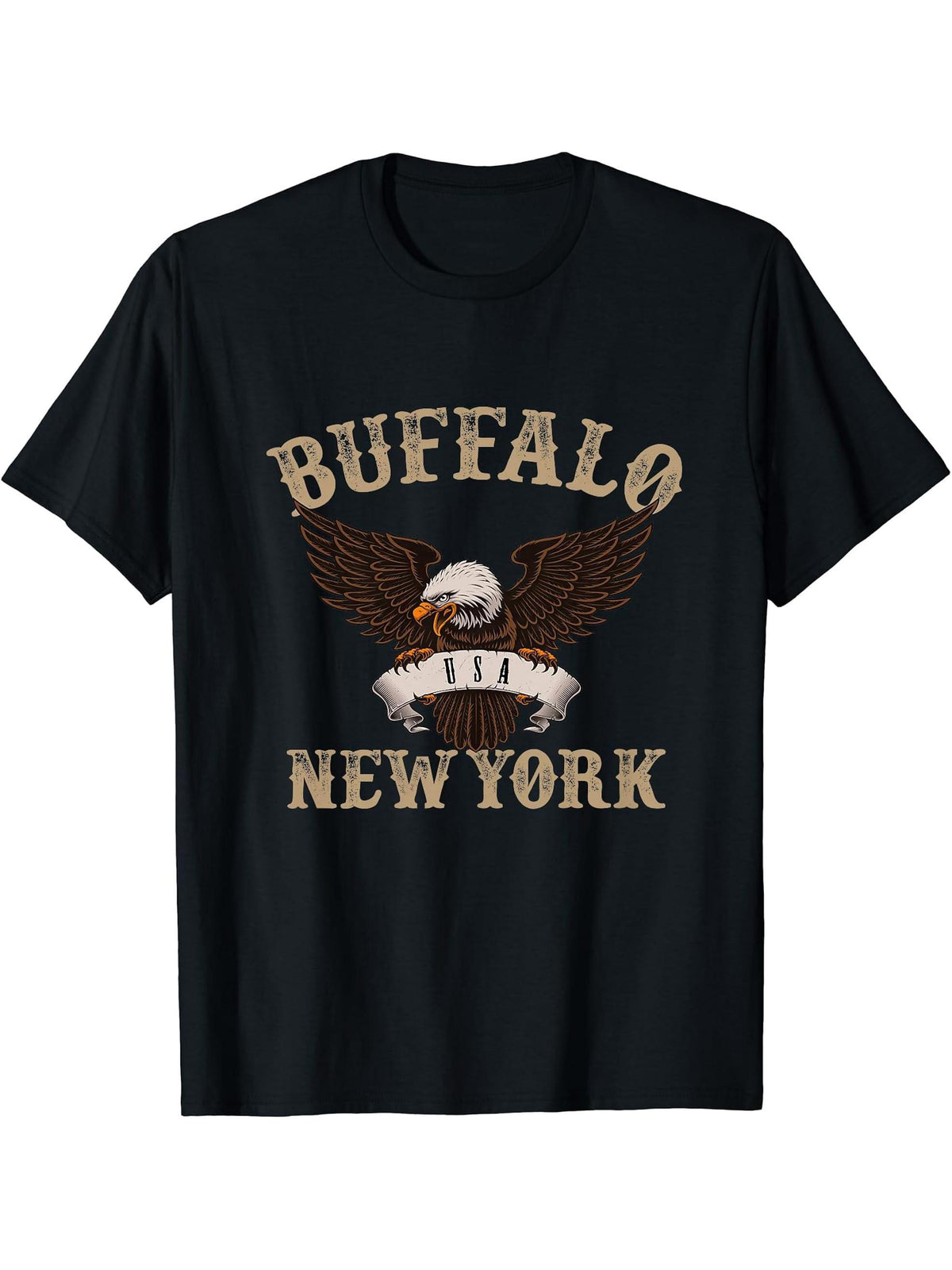 Buffalo New York USA Bald Eagle T-Shirt 180G 100% Cotton Printed Round Neck Short-Sleeve T-Shirt, Gifts for Men Dad Husband Grandpa, S-XXXL, Black
