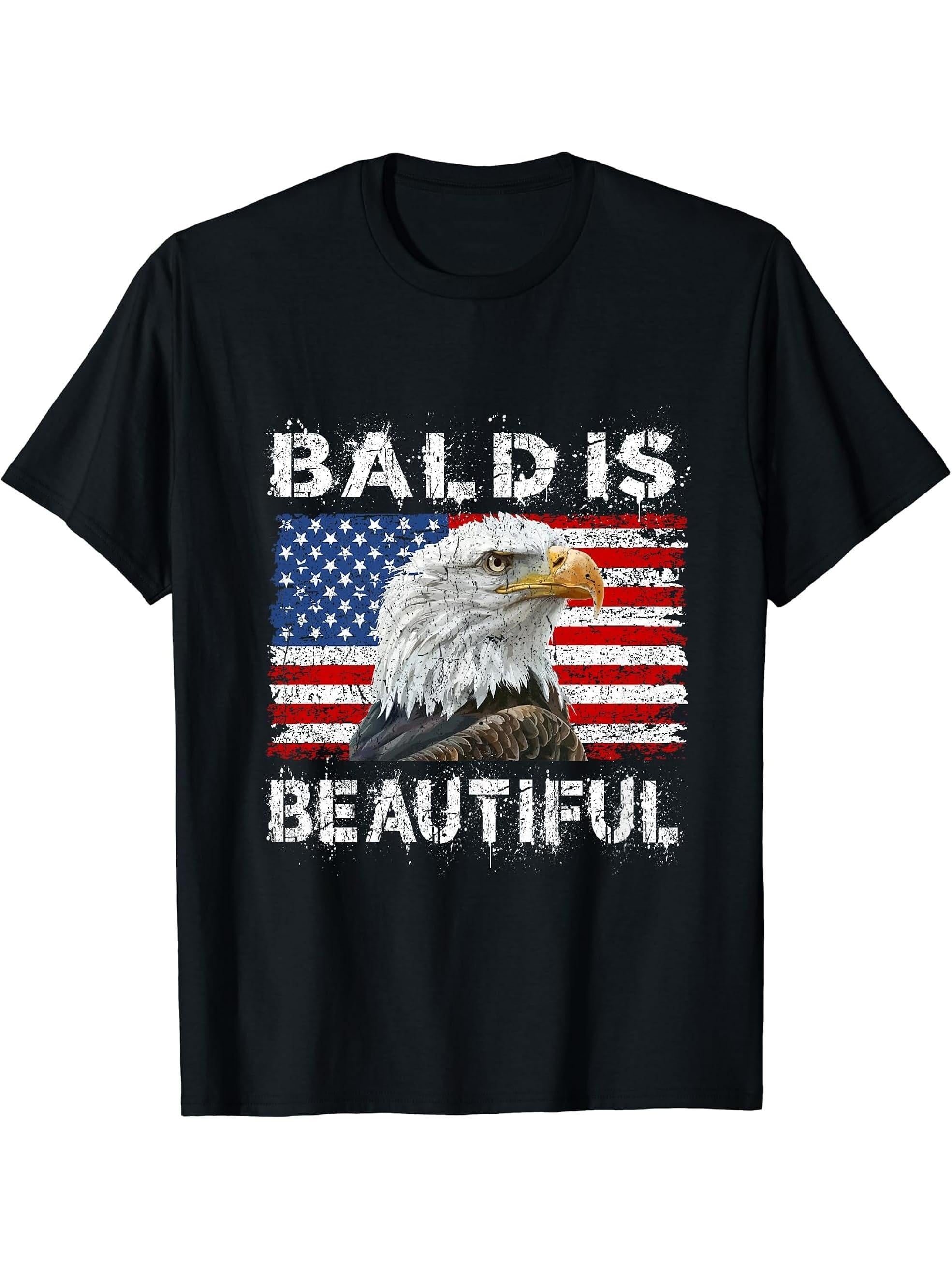 Bald Is Beautiful 4th of July Independence Day Bald Eagle T-Shirt 180G 100% Cotton Printed Round Neck Short-Sleeve T-Shirt, Gifts for Men Dad Husband Grandpa, S-XXXL, Black