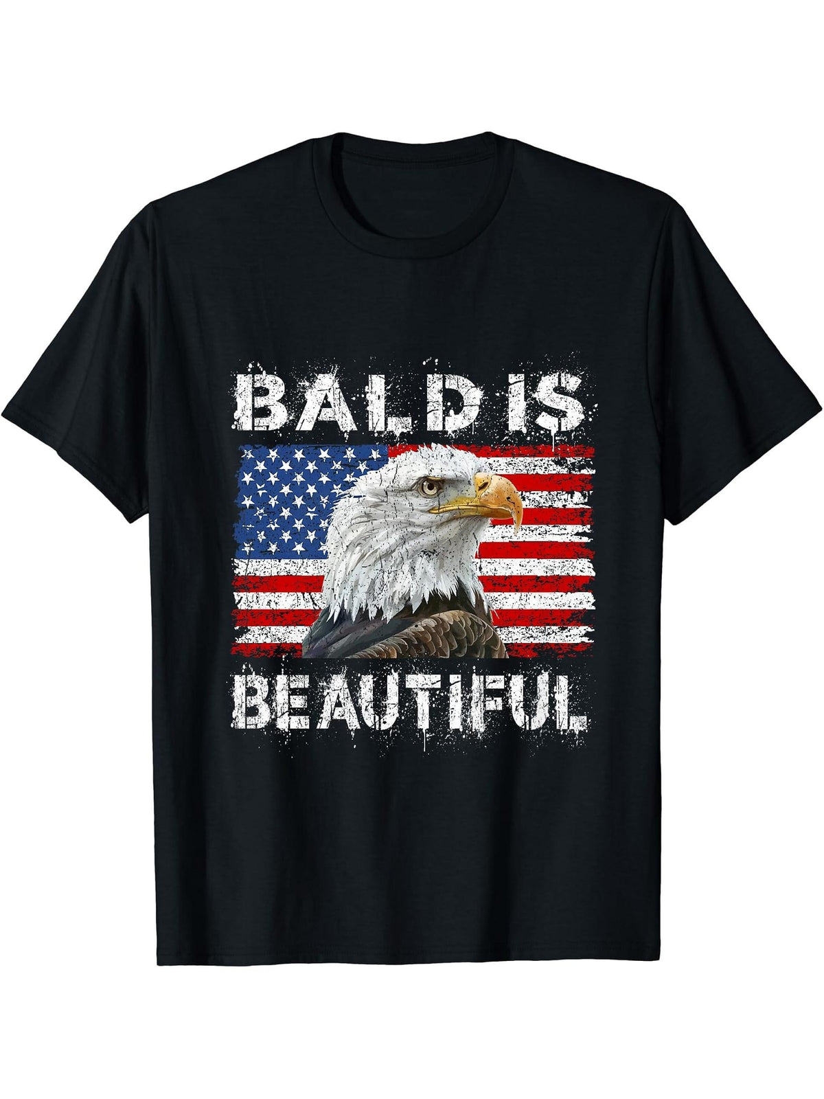 Bald Is Beautiful 4th of July Independence Day Bald Eagle T-Shirt 180G 100% Cotton Printed Round Neck Short-Sleeve T-Shirt, Gifts for Men Dad Husband Grandpa, S-XXXL, Black