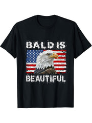 Bald Is Beautiful 4th of July Independence Day Bald Eagle T-Shirt 180G 100% Cotton Printed Round Neck Short-Sleeve T-Shirt, Gifts for Men Dad Husband Grandpa, S-XXXL, Black