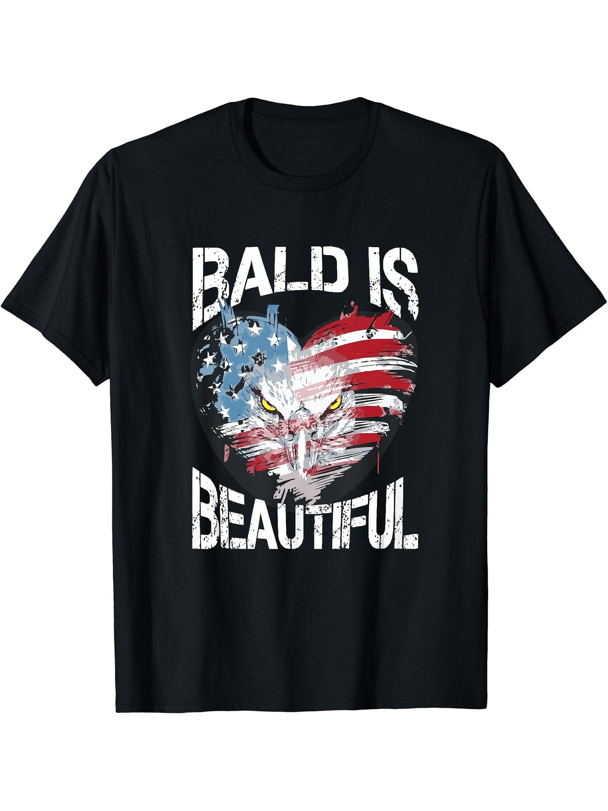 Bald Is Beautiful 4th of July Independence Day America Eagle T-Shirt 180G 100% Cotton Printed Round Neck Short-Sleeve T-Shirt, Gifts for Men Dad Husband Grandpa, S-XXXL, Black