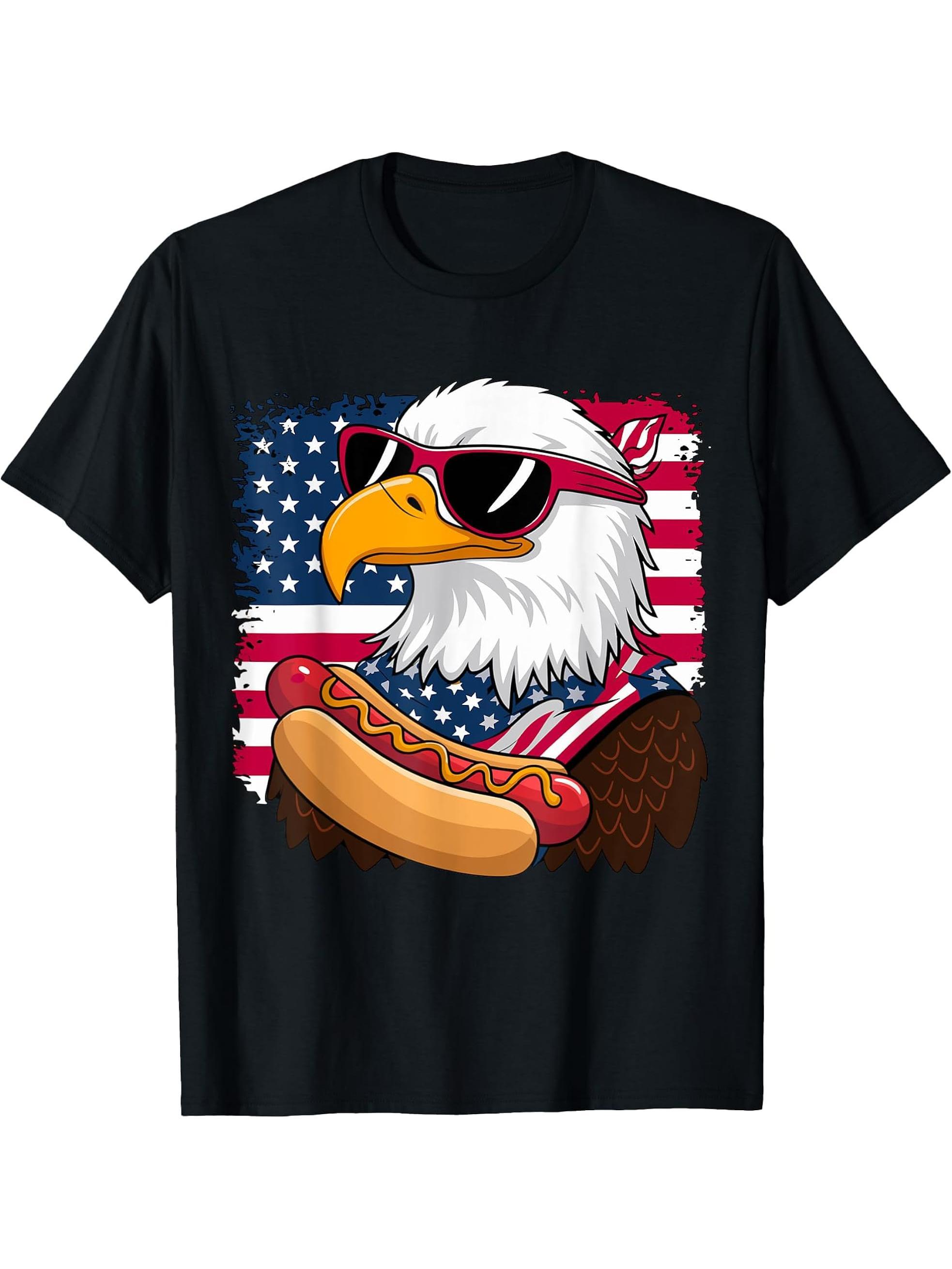 American Bald Eagle Hot Dog T-Shirt 180G 100% Cotton Printed Round Neck Short-Sleeve T-Shirt, Gifts for Men Dad Husband Grandpa, S-XXXL, Black