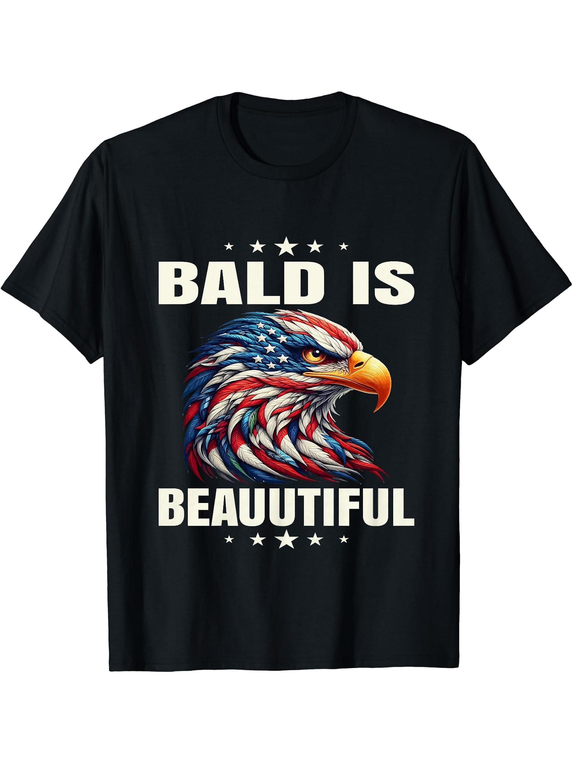 Bald Is Beautiful 4th of July Independence Day Bald Eagle T-Shirt 180G 100% Cotton Printed Round Neck Short-Sleeve T-Shirt, Gifts for Men Dad Husband Grandpa, S-XXXL, Black