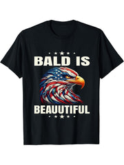 Bald Is Beautiful 4th of July Independence Day Bald Eagle T-Shirt 180G 100% Cotton Printed Round Neck Short-Sleeve T-Shirt, Gifts for Men Dad Husband Grandpa, S-XXXL, Black