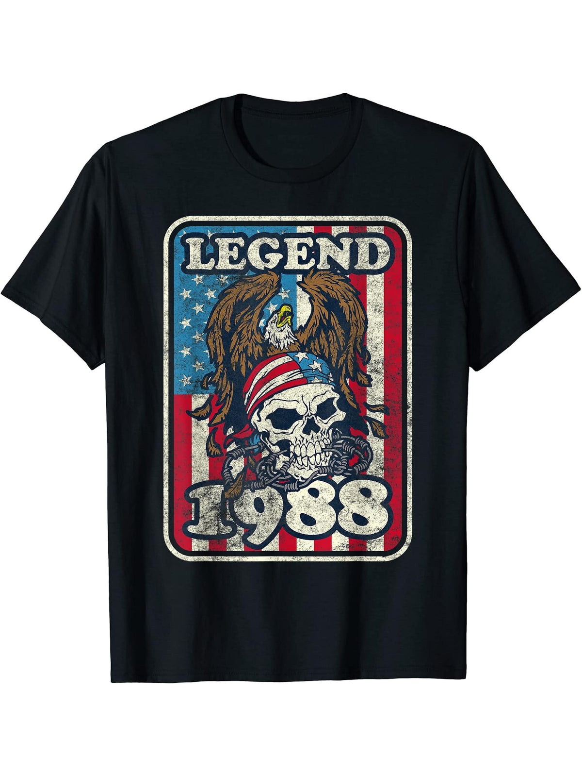 Birthday Legend 1988 Bald Eagle Skull American Flag USA T-Shirt 180G 100% Cotton Printed Round Neck Short-Sleeve T-Shirt, Gifts for Men Dad Husband Grandpa, S-XXXL, Black