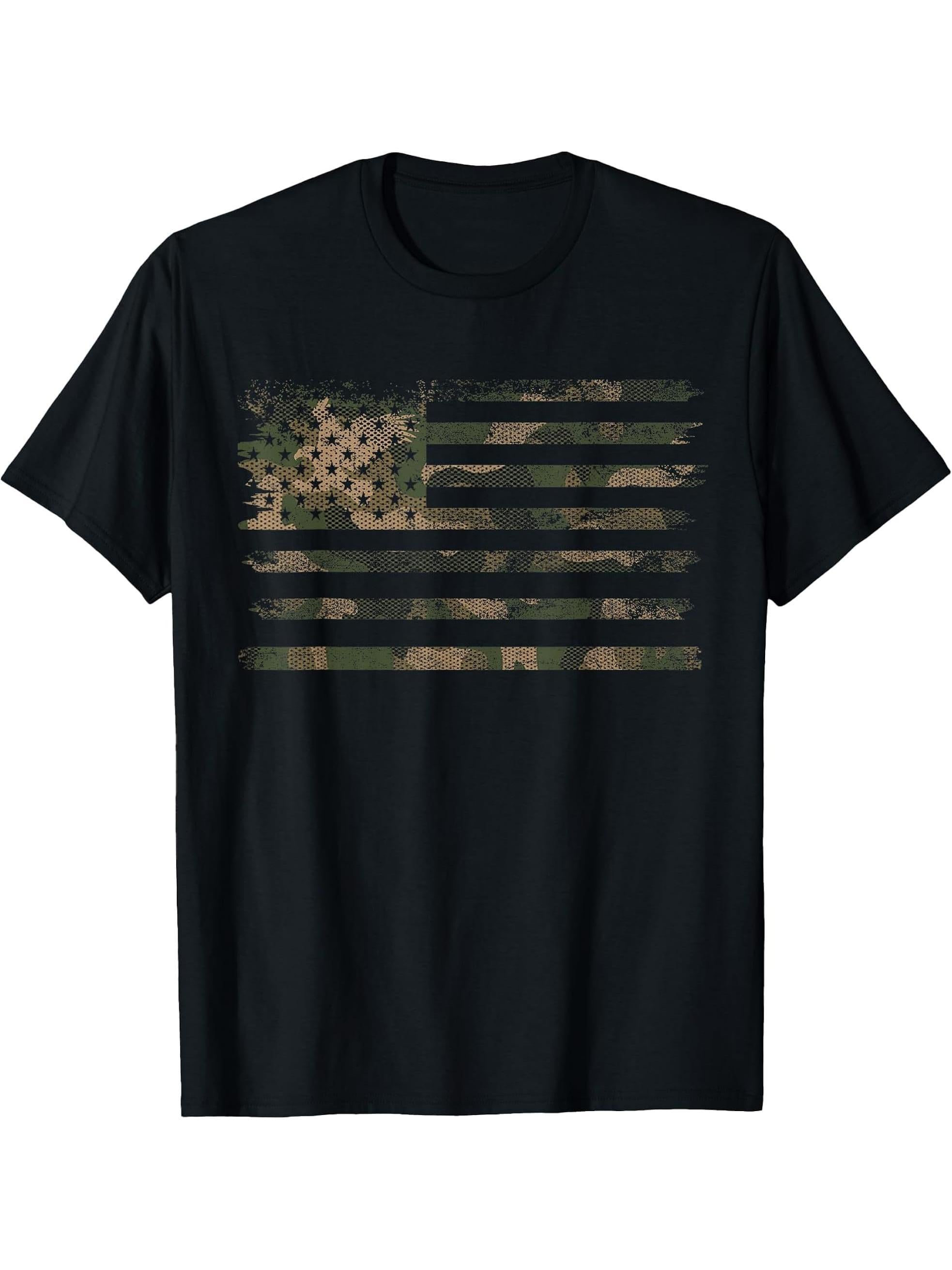 Camouflage American Flag Bald Eagle Camo Military Patriotic T-Shirt 180G 100% Cotton Printed Round Neck Short-Sleeve T-Shirt, Gifts for Men Dad Husband Grandpa, S-XXXL, Black