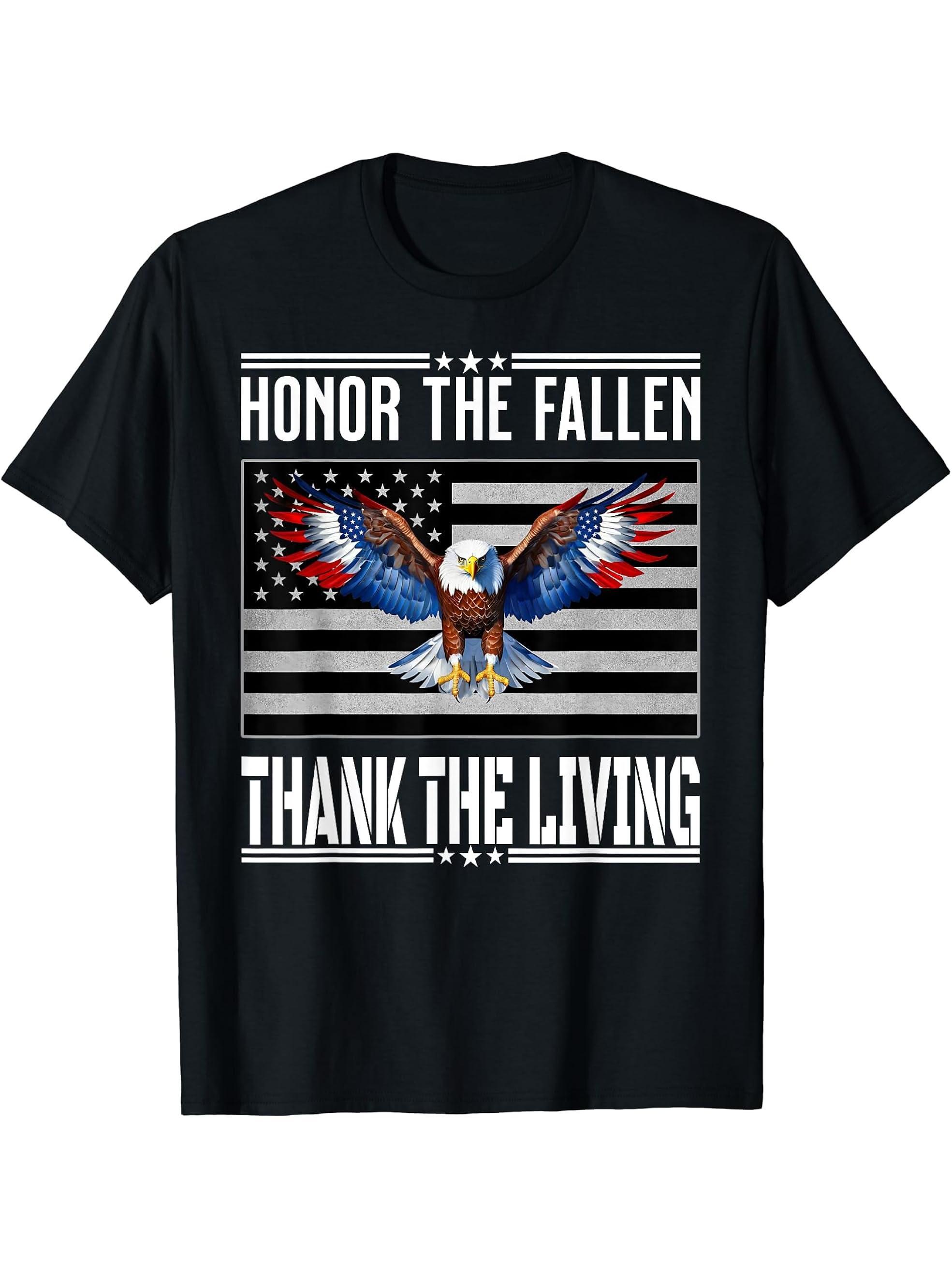 Honor The Fallen Thank The Living Memorial Day Bald Eagle US T-Shirt 180G 100% Cotton Printed Round Neck Short-Sleeve T-Shirt, Gifts for Men Dad Husband Grandpa, S-XXXL, Black