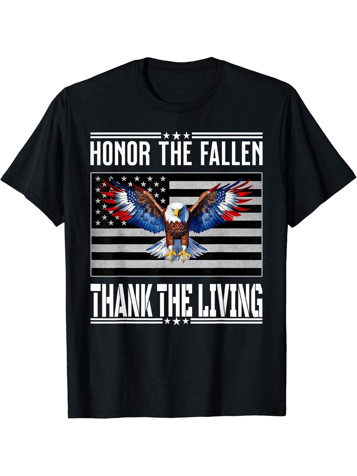 Honor The Fallen Thank The Living Memorial Day Bald Eagle US T-Shirt 180G 100% Cotton Printed Round Neck Short-Sleeve T-Shirt, Gifts for Men Dad Husband Grandpa, S-XXXL, Black