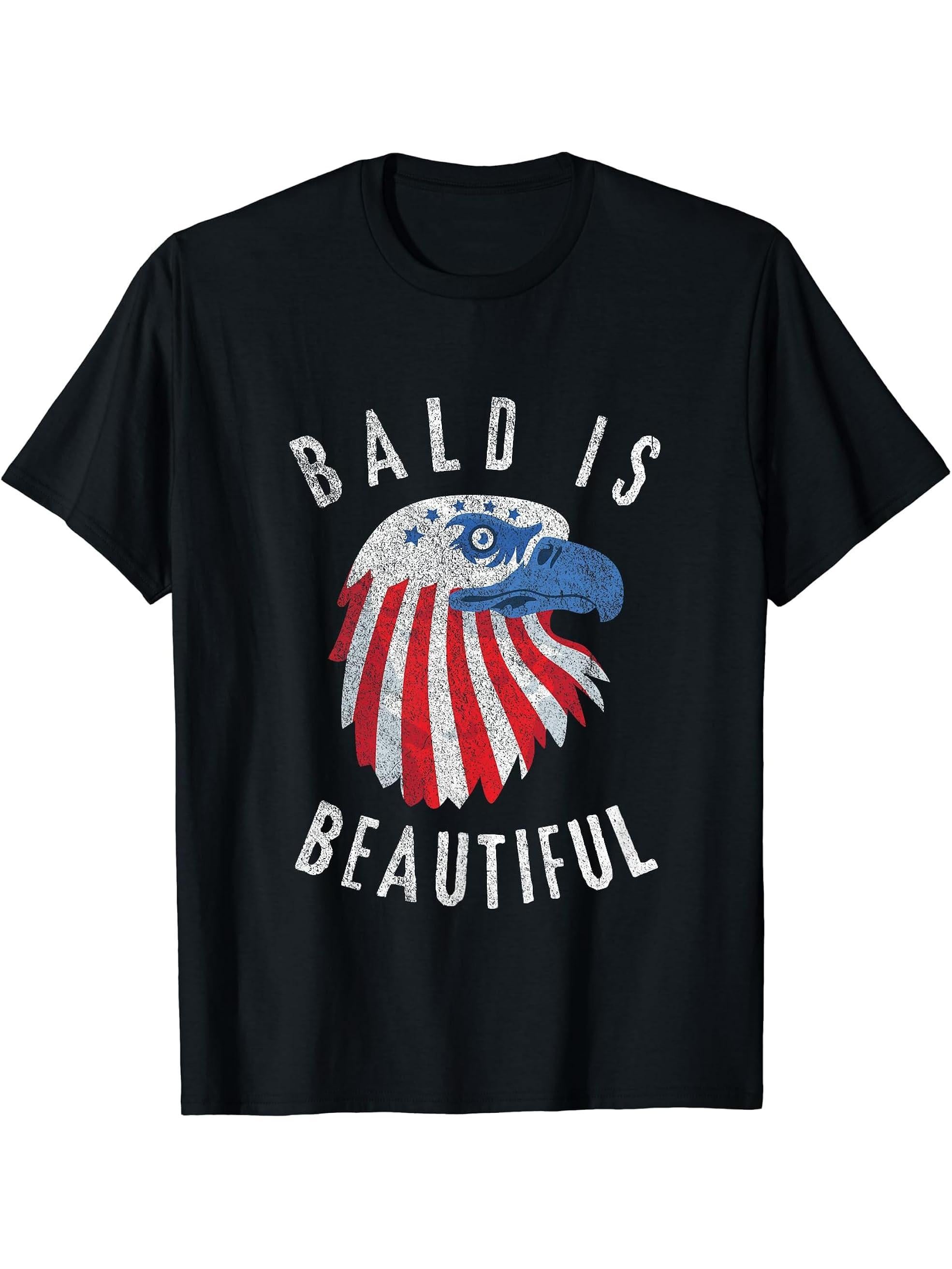 Bald is Beautiful American Bald Eagle 4th of July Patriotic T-Shirt 180G 100% Cotton Printed Round Neck Short-Sleeve T-Shirt, Gifts for Men Dad Husband Grandpa, S-XXXL, Black