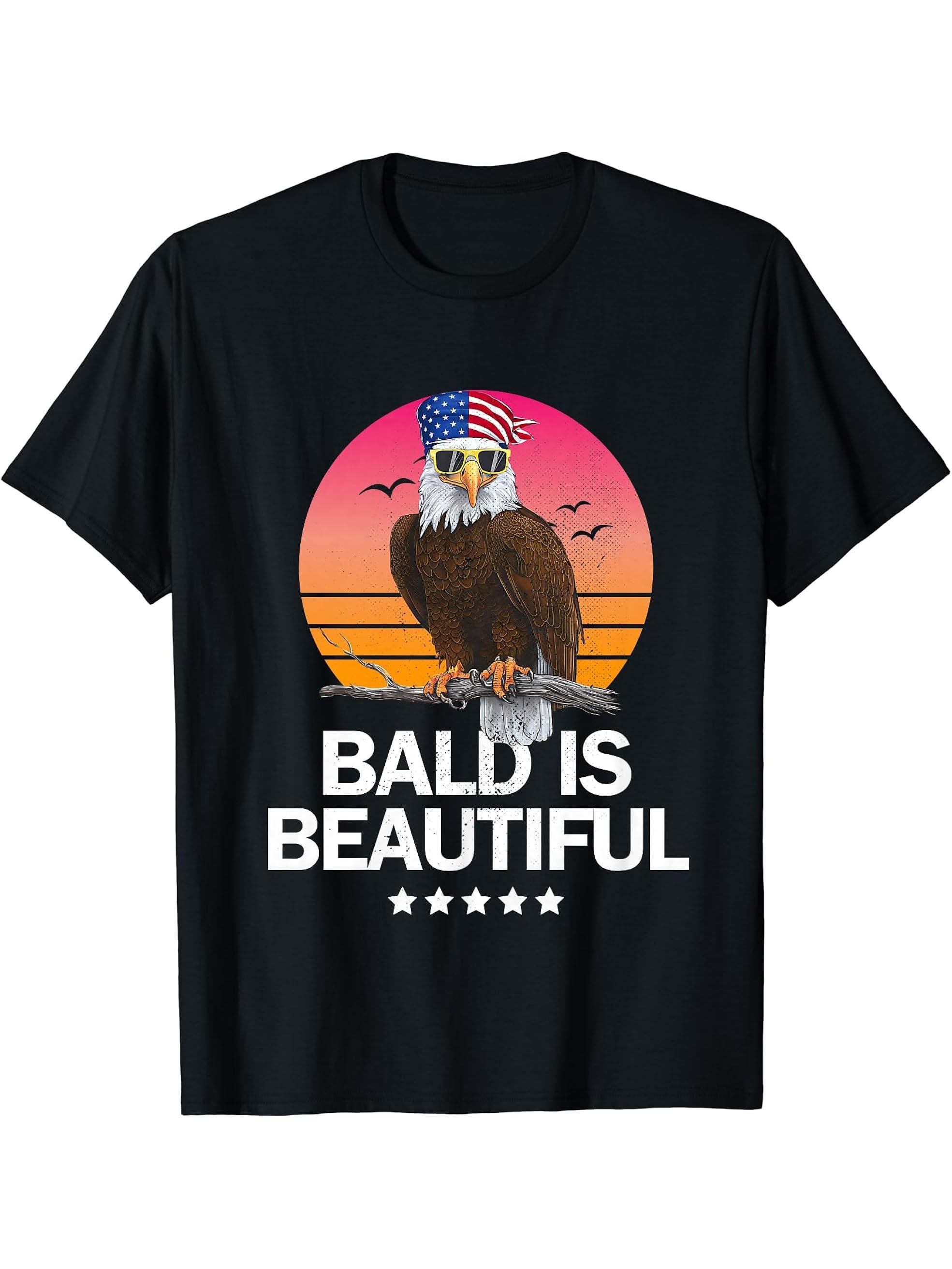 Bald Is Beautiful 4th of July Independence Day Bald Eagle T-Shirt 180G 100% Cotton Printed Round Neck Short-Sleeve T-Shirt, Gifts for Men Dad Husband Grandpa, S-XXXL, Black