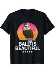 Bald Is Beautiful 4th of July Independence Day Bald Eagle T-Shirt 180G 100% Cotton Printed Round Neck Short-Sleeve T-Shirt, Gifts for Men Dad Husband Grandpa, S-XXXL, Black