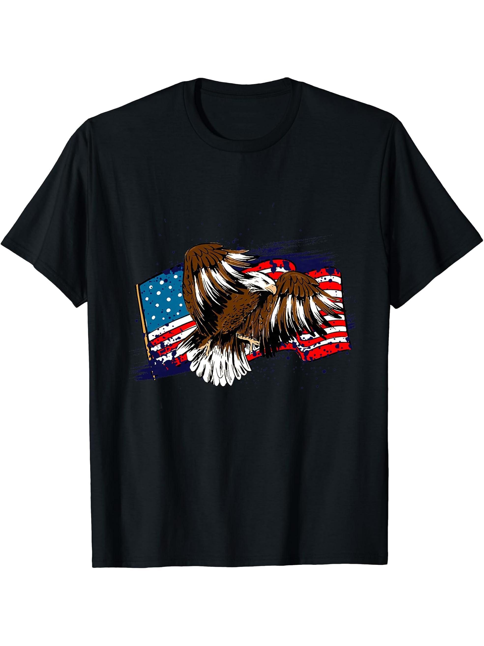 American Bald Eagle American Flag T-Shirt 180G 100% Cotton Printed Round Neck Short-Sleeve T-Shirt, Gifts for Men Dad Husband Grandpa, S-XXXL, Black