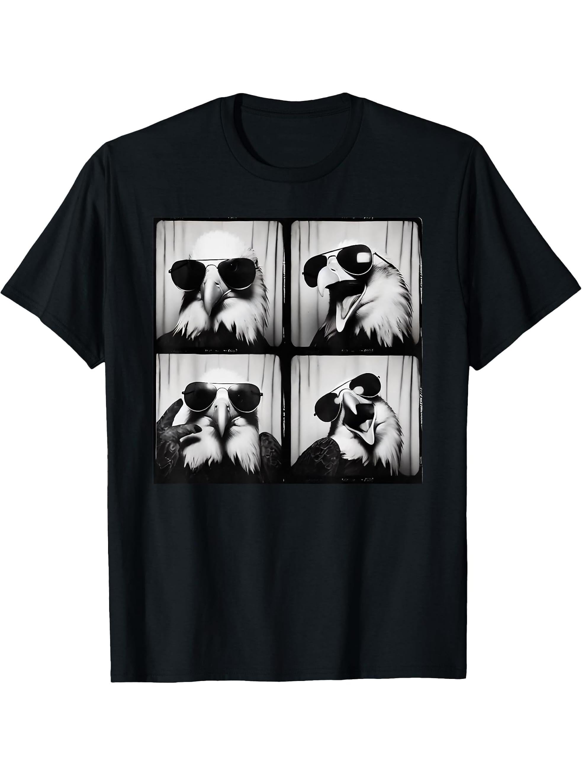 Bald Eagle with Glasses Funny Animal Photobooth Eagle Owner T-Shirt 180G 100% Cotton Printed Round Neck Short-Sleeve T-Shirt, Gifts for Men Dad Husband Grandpa, S-XXXL, Black