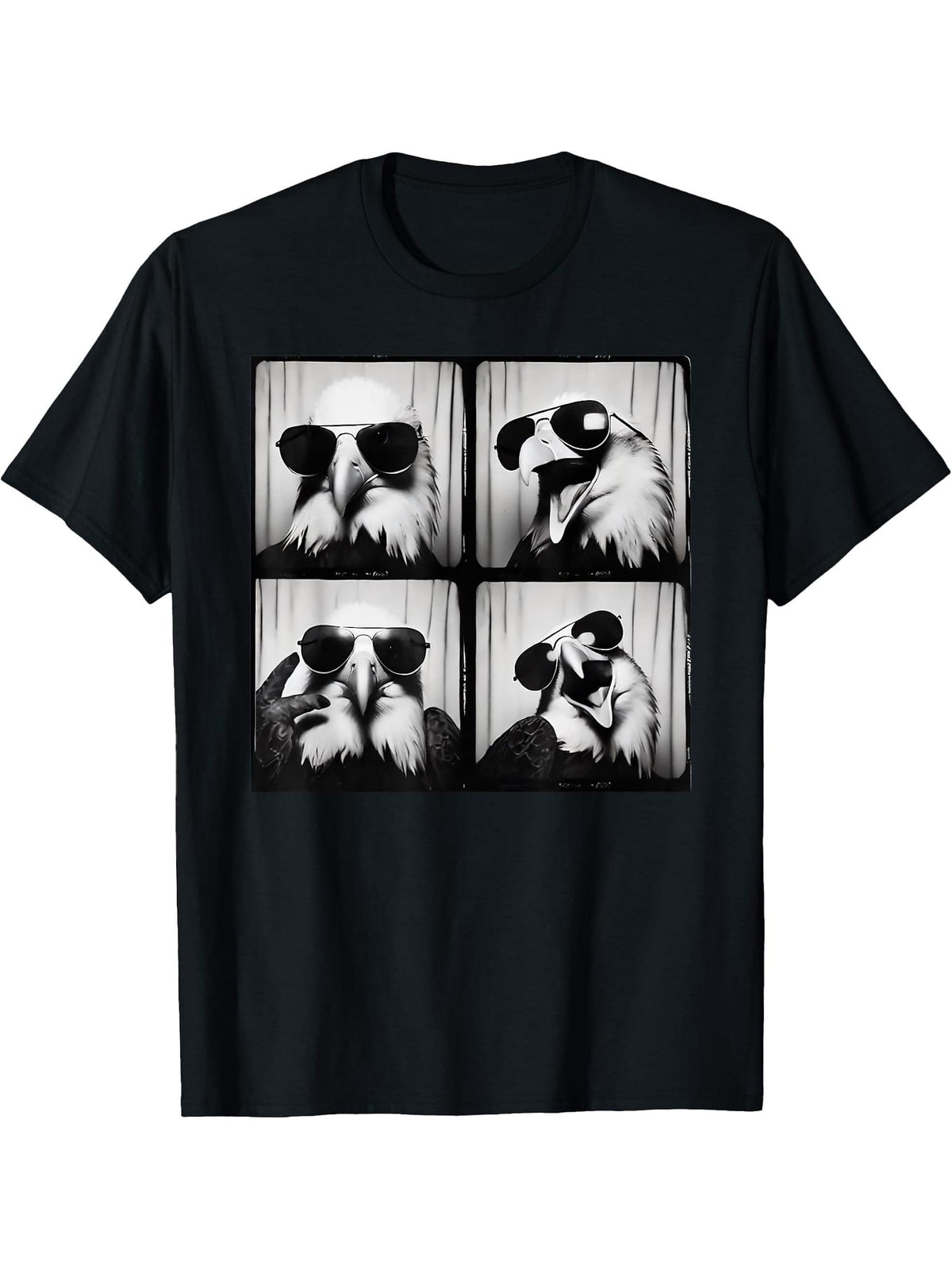Bald Eagle with Glasses Funny Animal Photobooth Eagle Owner T-Shirt 180G 100% Cotton Printed Round Neck Short-Sleeve T-Shirt, Gifts for Men Dad Husband Grandpa, S-XXXL, Black