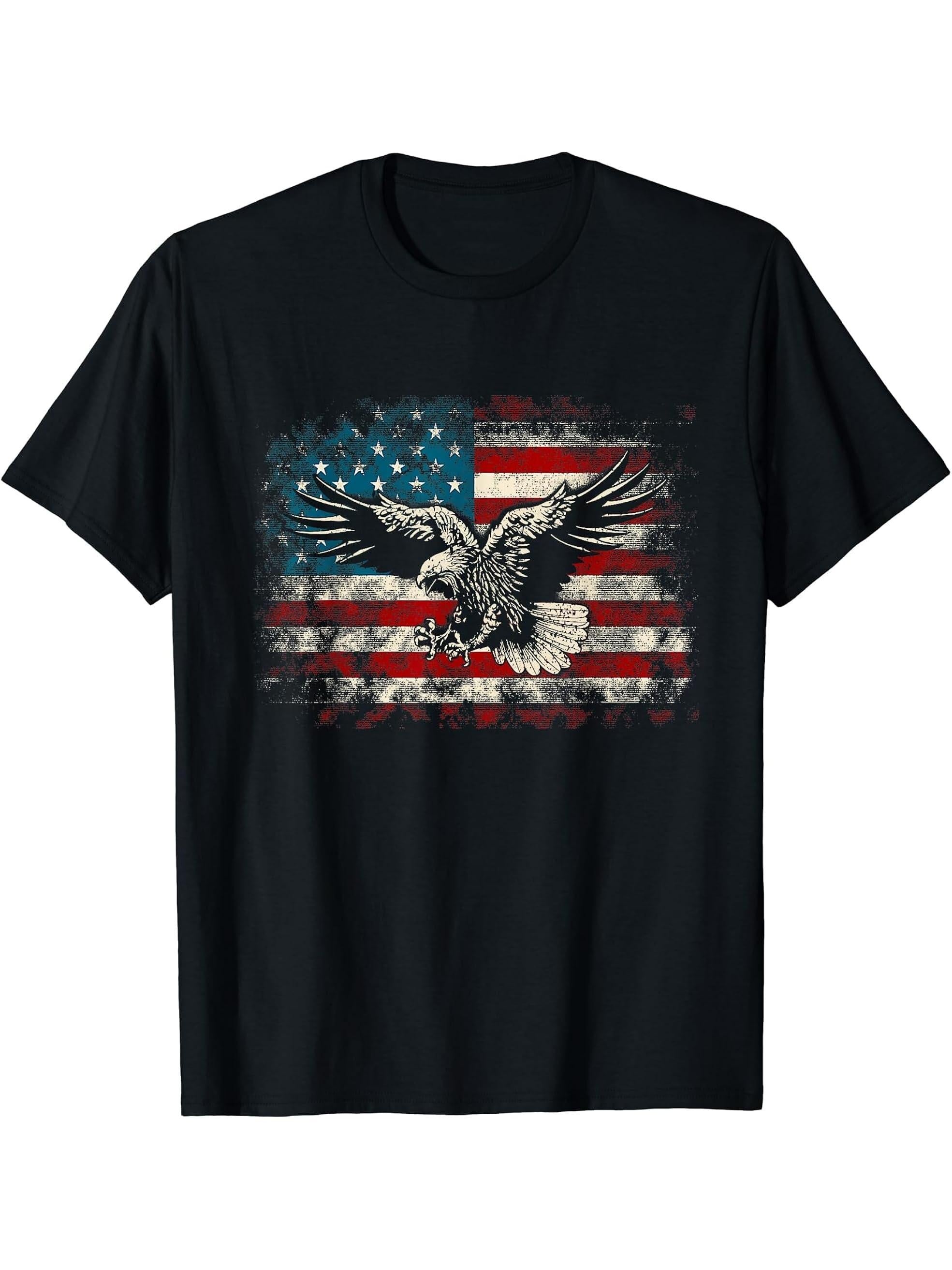 Bald Eagle American Flag USA Vintage 4th of July Patriotic T-Shirt 180G 100% Cotton Printed Round Neck Short-Sleeve T-Shirt, Gifts for Men Dad Husband Grandpa, S-XXXL, Black