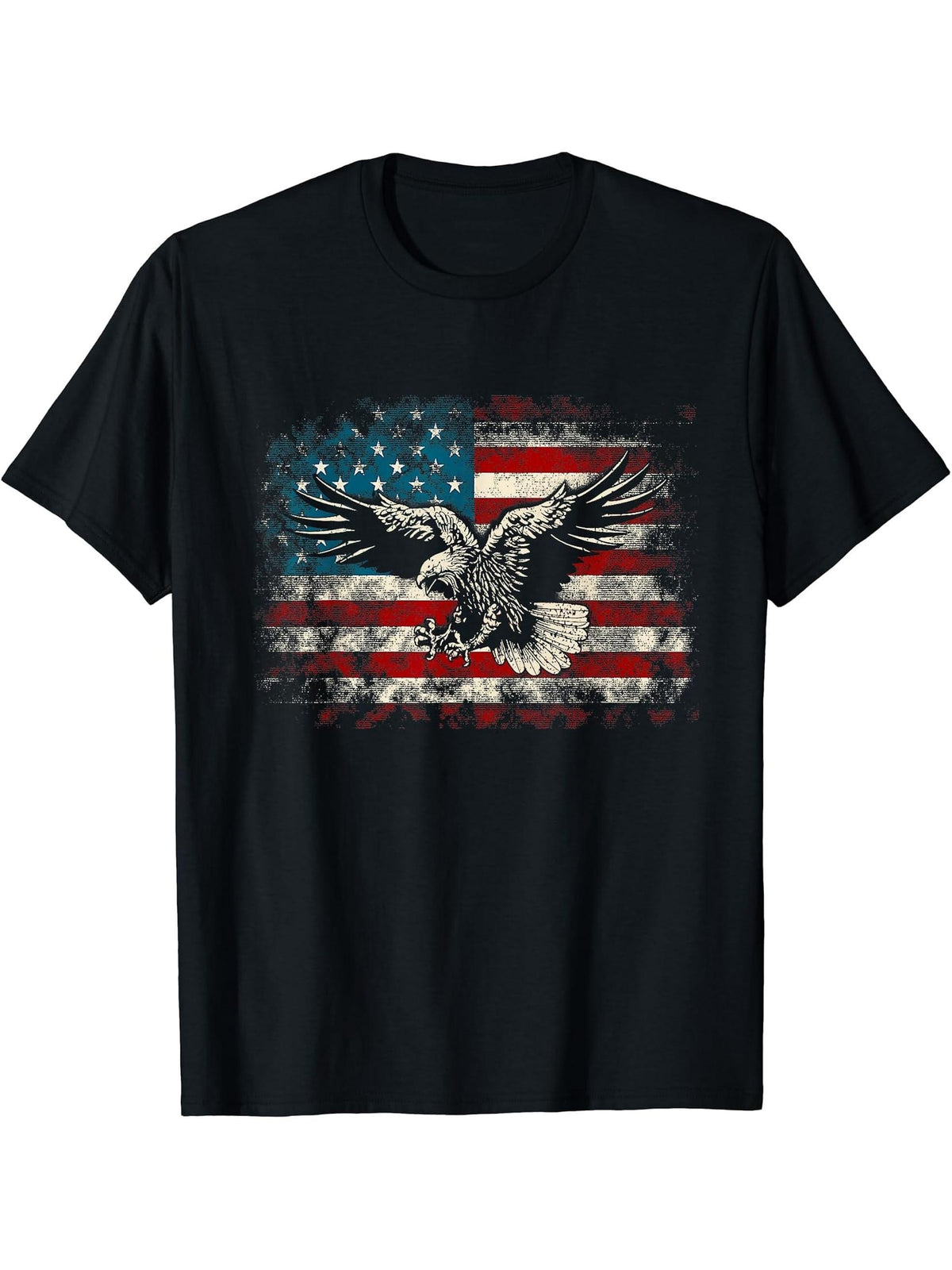 Bald Eagle American Flag USA Vintage 4th of July Patriotic T-Shirt 180G 100% Cotton Printed Round Neck Short-Sleeve T-Shirt, Gifts for Men Dad Husband Grandpa, S-XXXL, Black