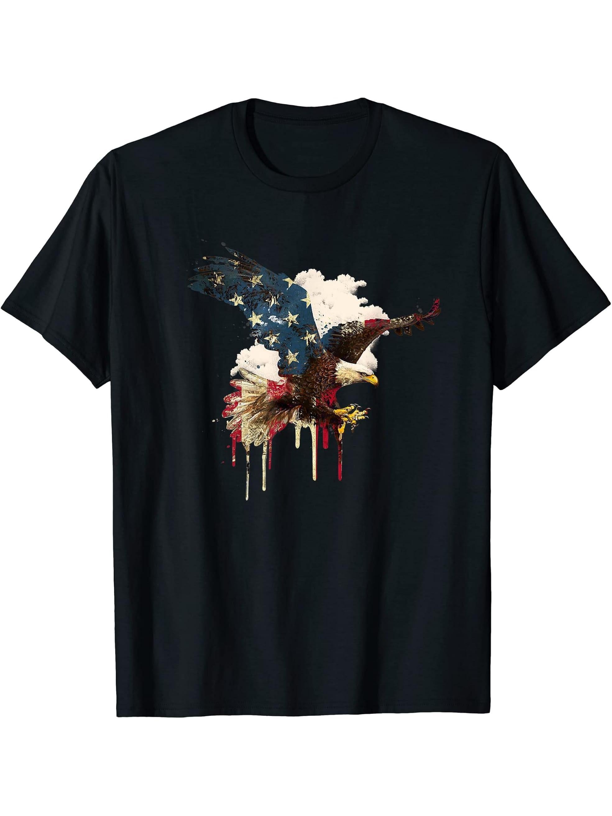 American Patriotic Bald Eagle USA Flag - 4th Of July T-Shirt 180G 100% Cotton Printed Round Neck Short-Sleeve T-Shirt, Gifts for Men Dad Husband Grandpa, S-XXXL, Black