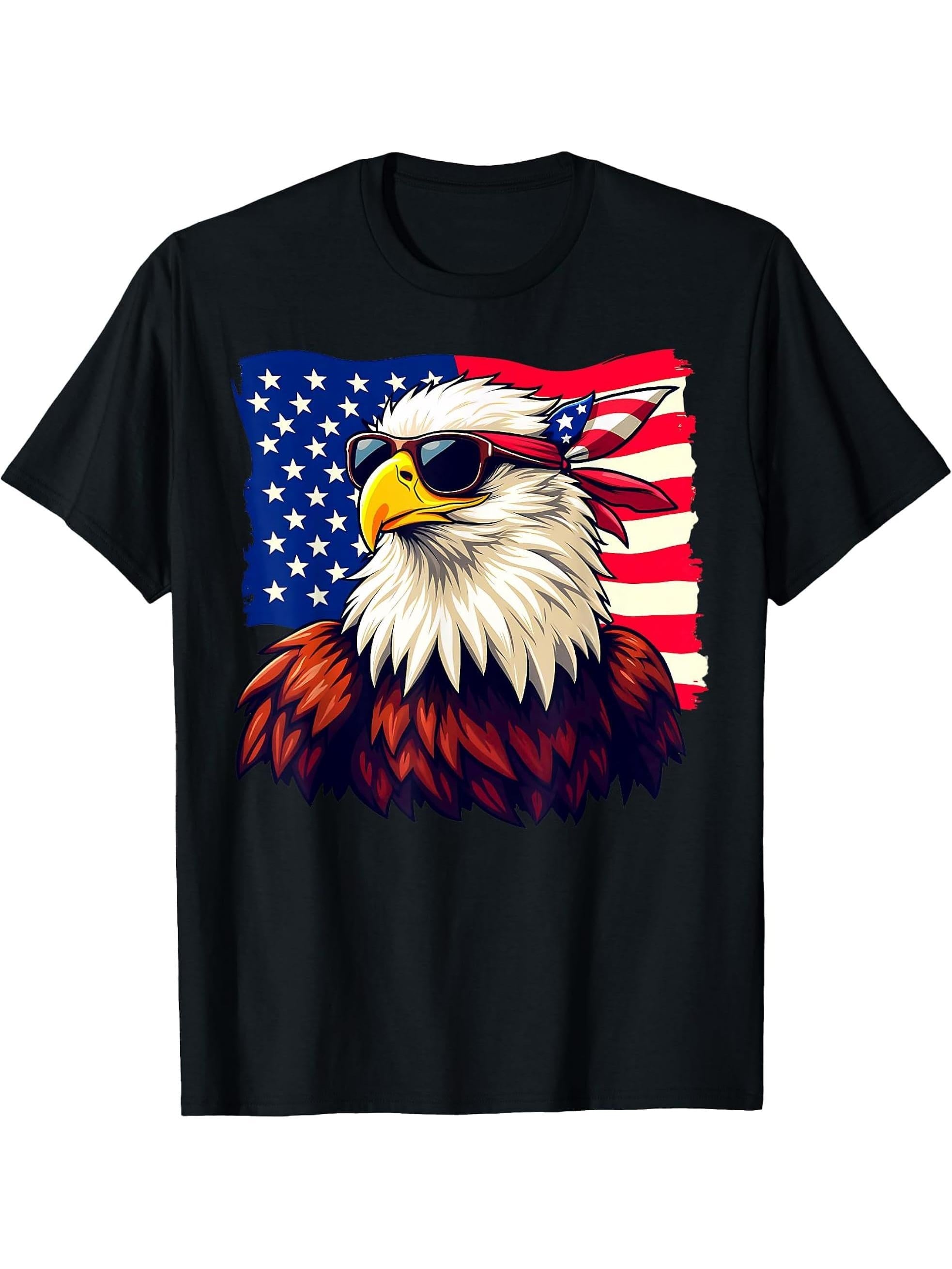 Funny Bald Eagle Sunglasses USA Flag 4th Of July Patriotic T-Shirt 180G 100% Cotton Printed Round Neck Short-Sleeve T-Shirt, Gifts for Men Dad Husband Grandpa, S-XXXL, Black