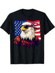Funny Bald Eagle Sunglasses USA Flag 4th Of July Patriotic T-Shirt 180G 100% Cotton Printed Round Neck Short-Sleeve T-Shirt, Gifts for Men Dad Husband Grandpa, S-XXXL, Black
