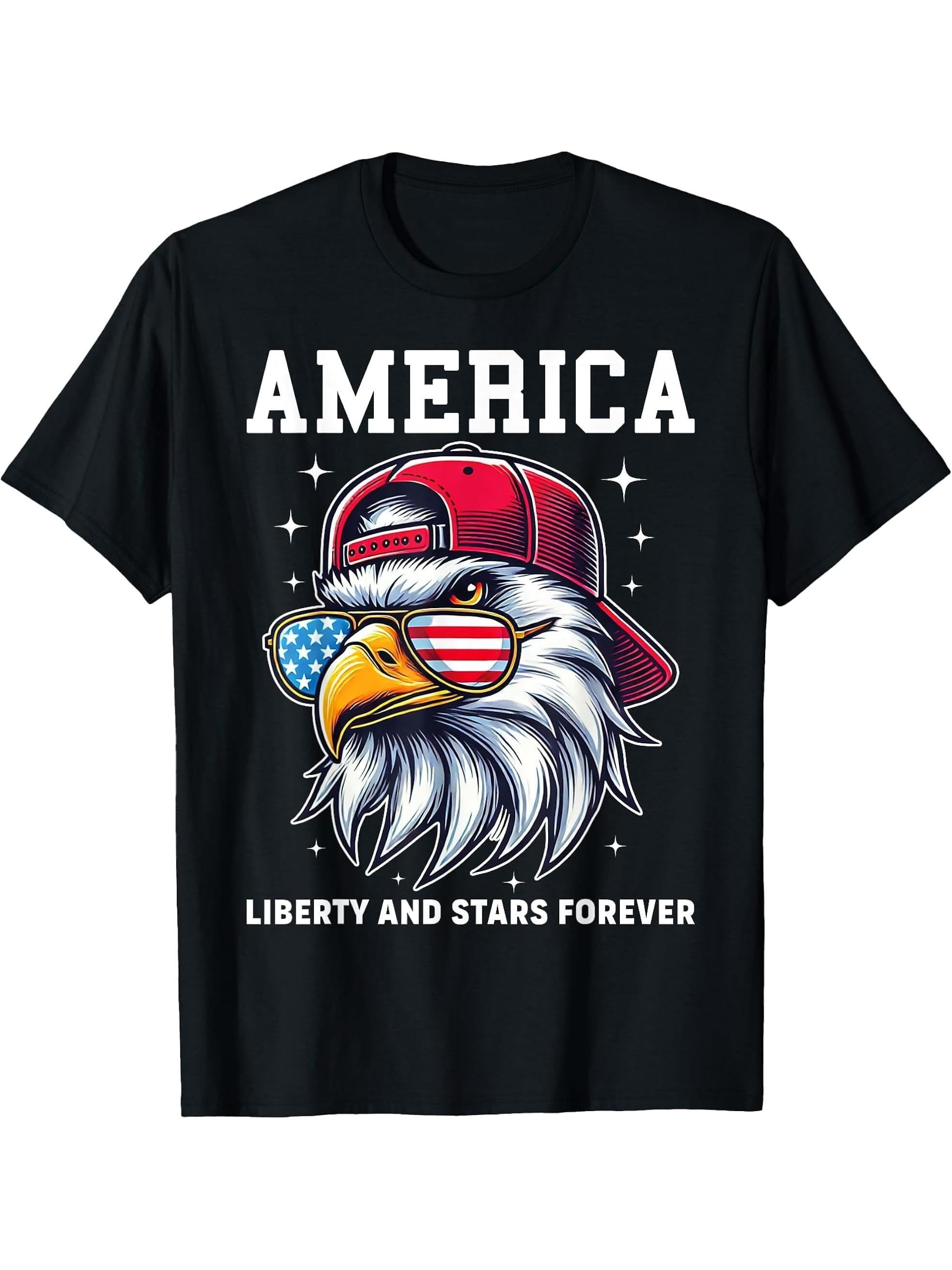 America Liberty & Stars Forever US Flag Cool Bald Eagle USA T-Shirt 180G 100% Cotton Printed Round Neck Short-Sleeve T-Shirt, Gifts for Men Dad Husband Grandpa, S-XXXL, Black